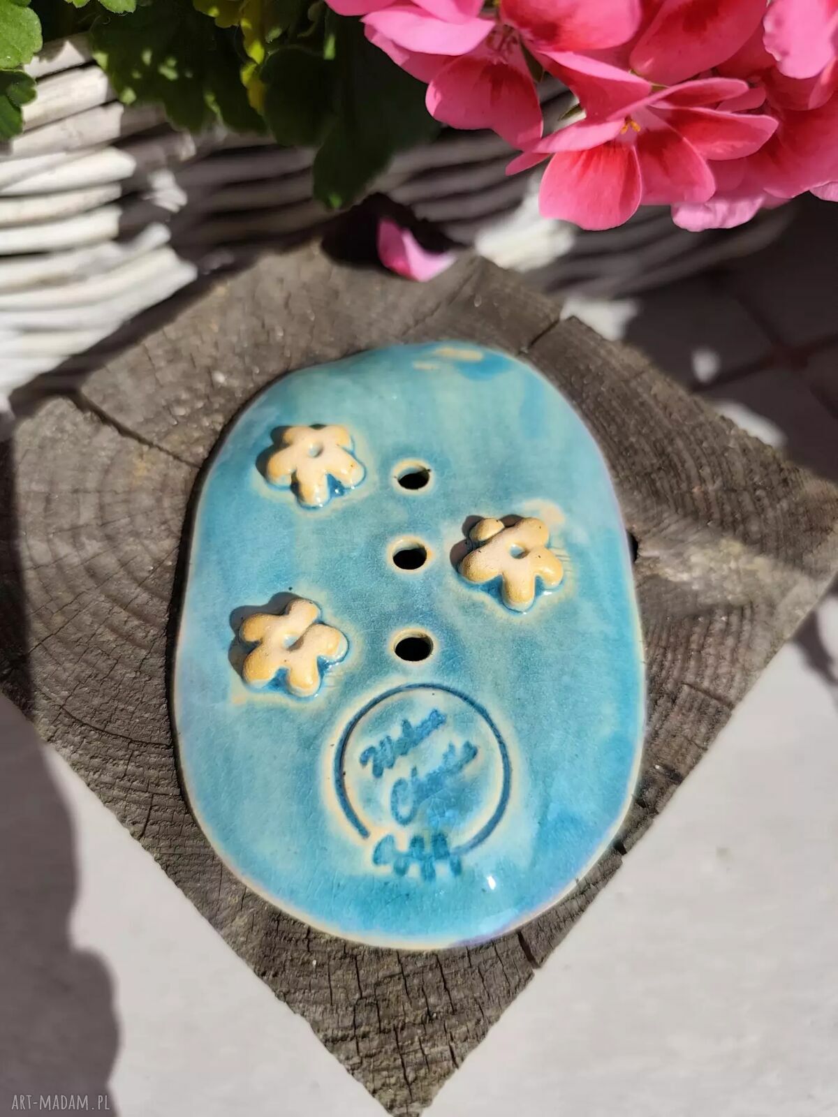 Turkusowa podłużna mydelniczka ceramiczna z lawendą