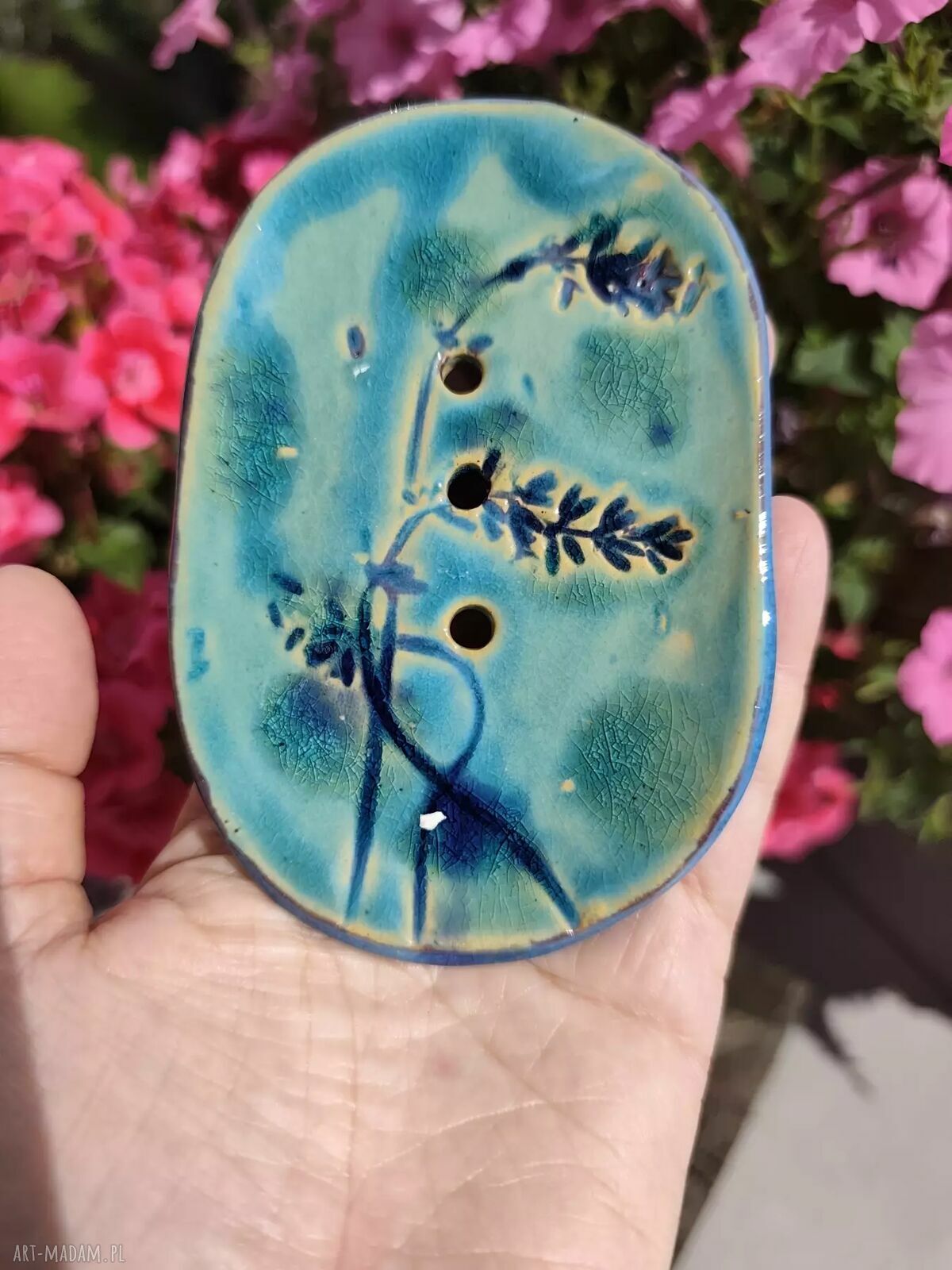Turkusowa mydelniczka ceramiczna z lawendą - II gatunek