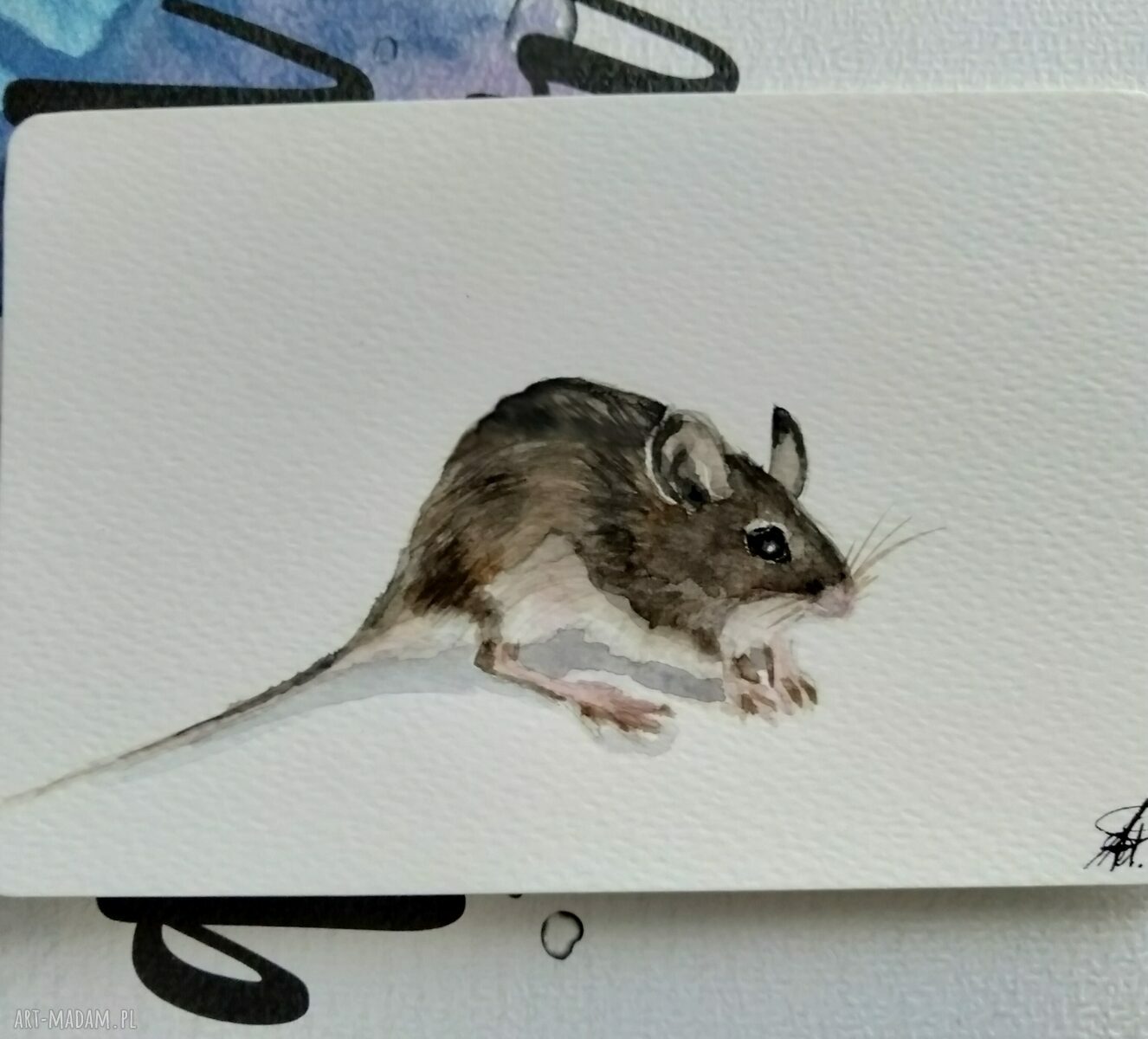 Bajkowa akwarela z myszką - mini obraz 10x15 cm