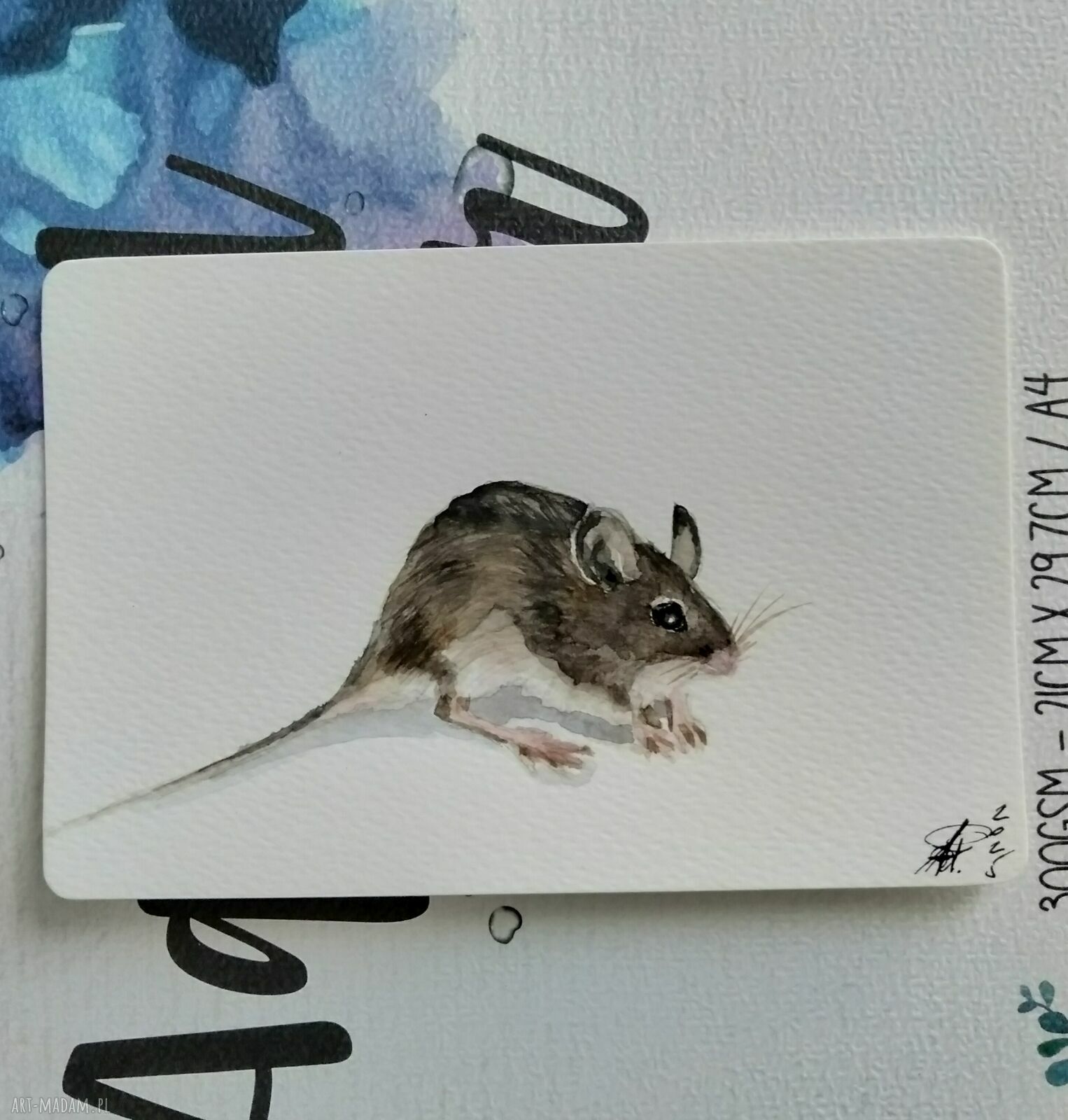 Bajkowa akwarela z myszką - mini obraz 10x15 cm