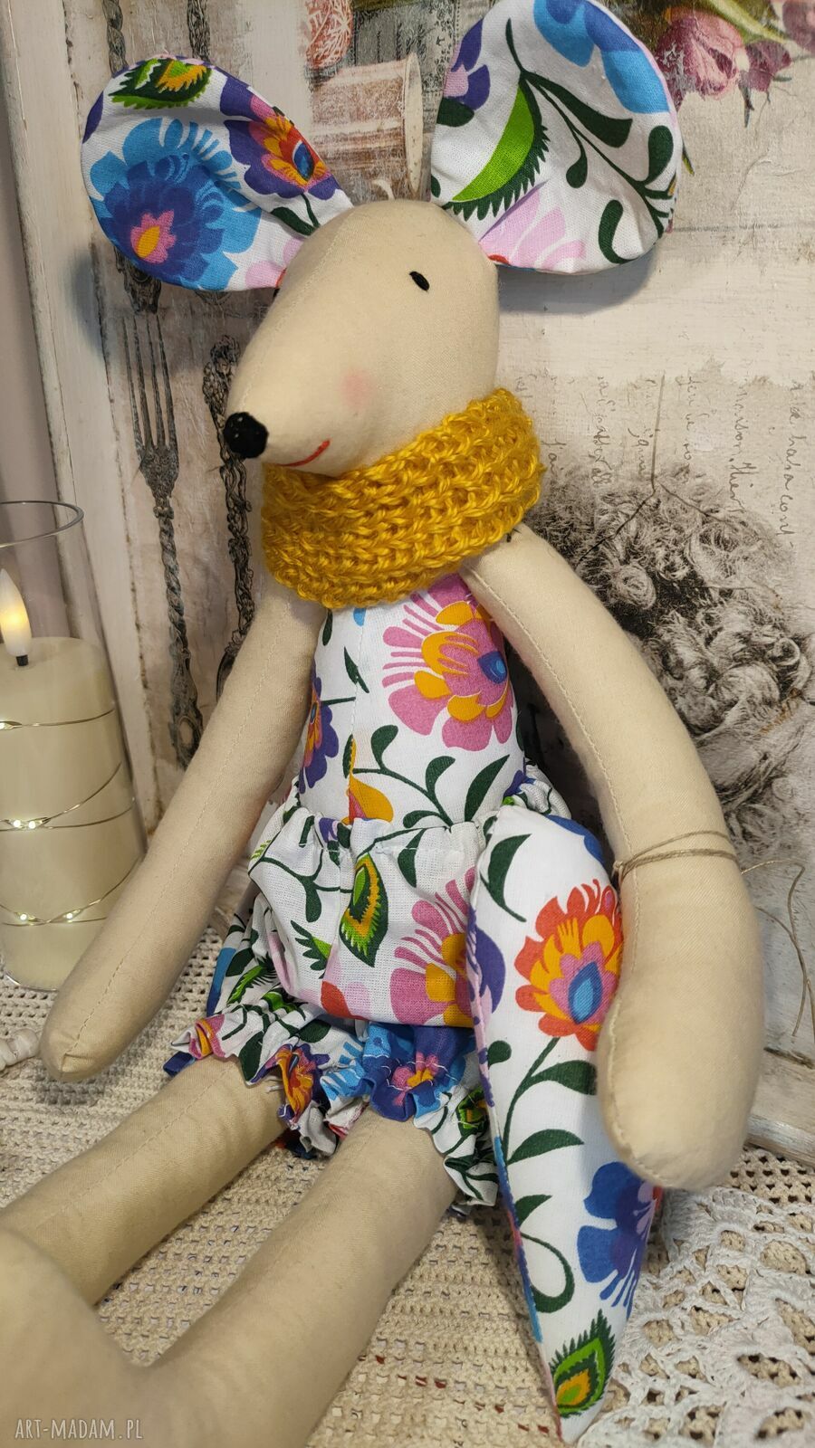 Ręcznie szyta myszka przytulanka z materiału łowickiego - Szmacianka Tilda, 44 cm