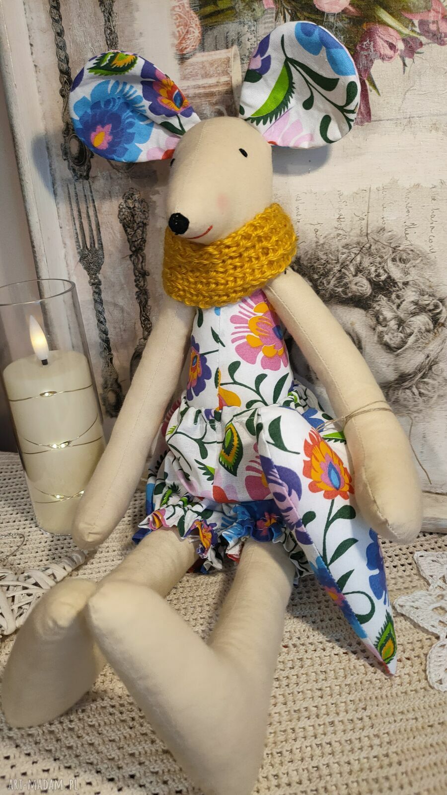 Ręcznie szyta myszka przytulanka z materiału łowickiego - Szmacianka Tilda, 44 cm