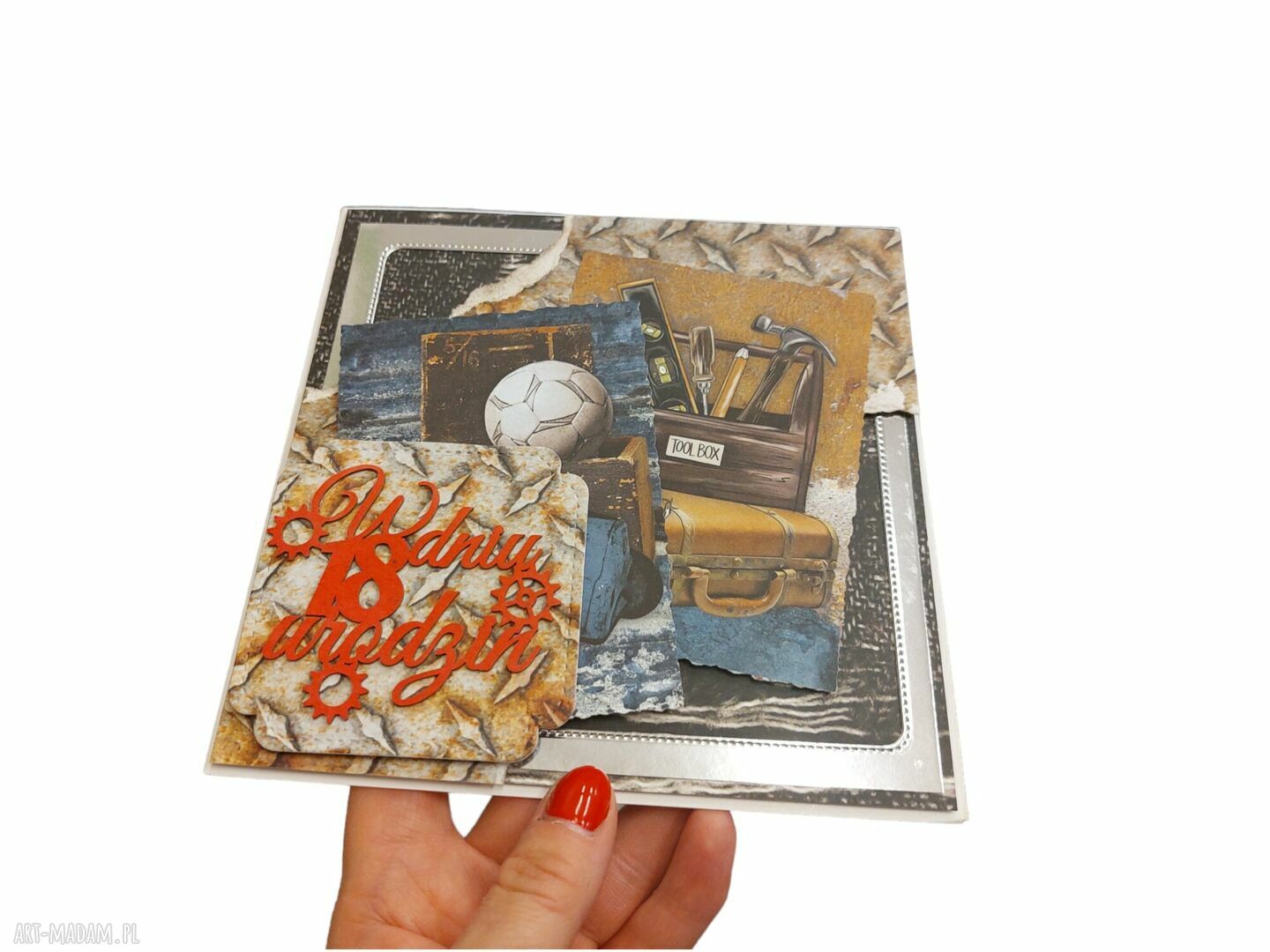 Kartka na 18 urodziny chłopaka - handmade scrapbooking ze srebrnymi lustrzanymi akcentami