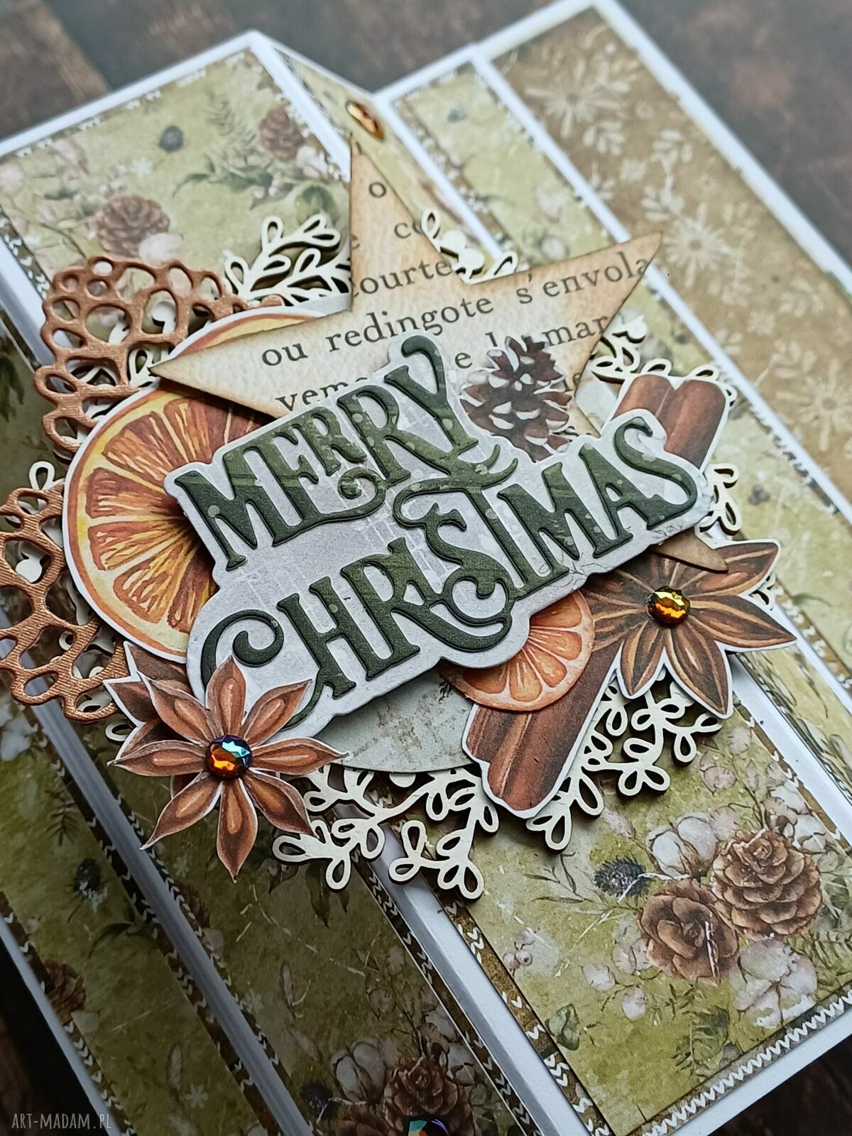 Kartka na Boże Narodzenie typu window 1 - 3D scrapbooking w kolorach zieleni i brązu