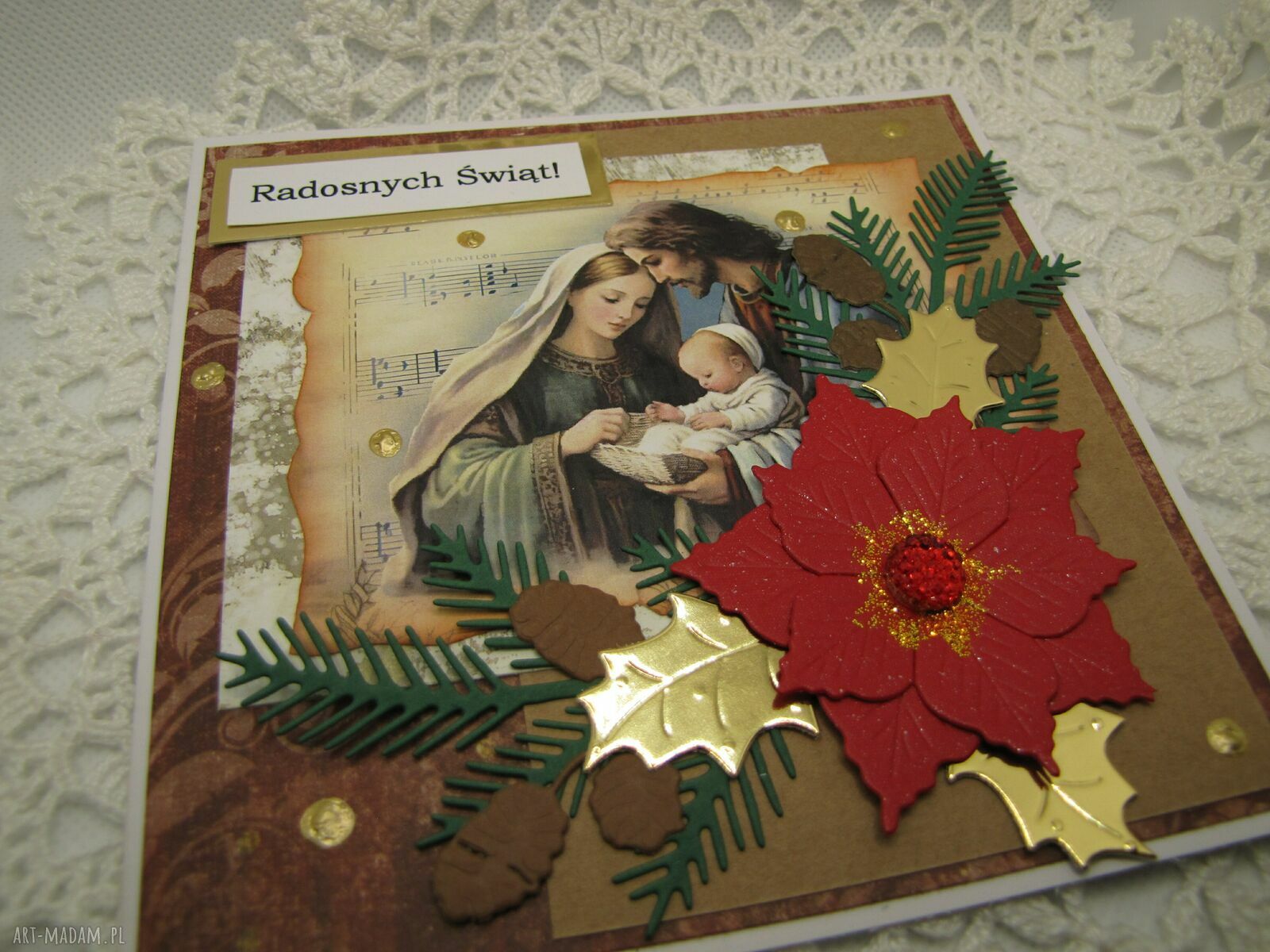 Ręcznie robiona kartka na Boże Narodzenie ze Świętą Rodziną