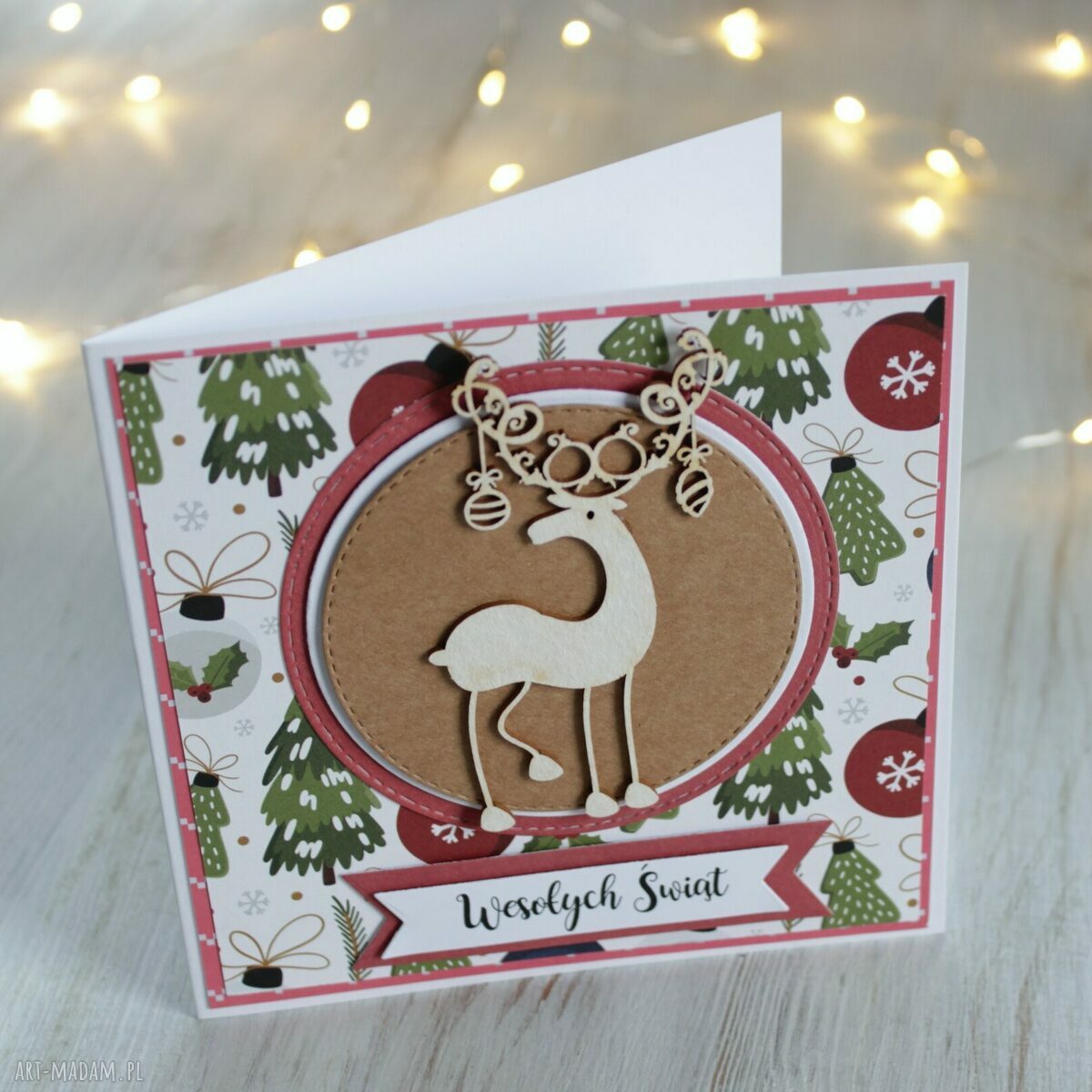 Kartka na Boże Narodzenie w stylu scrapbooking z białą kopertą - unikat na prezent
