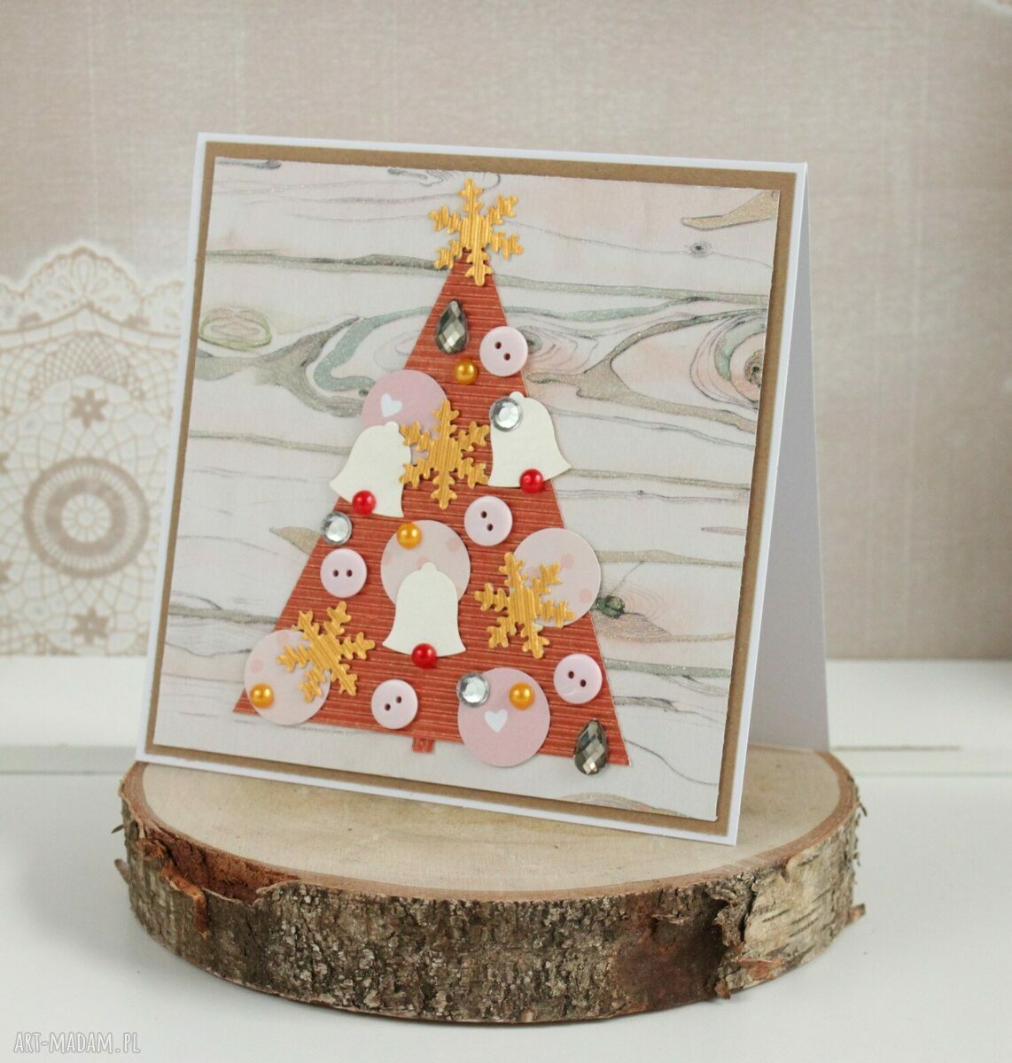 Ręcznie robiona kartka na Boże Narodzenie z kolorową choinką Bee Bee (15 x 15 cm)