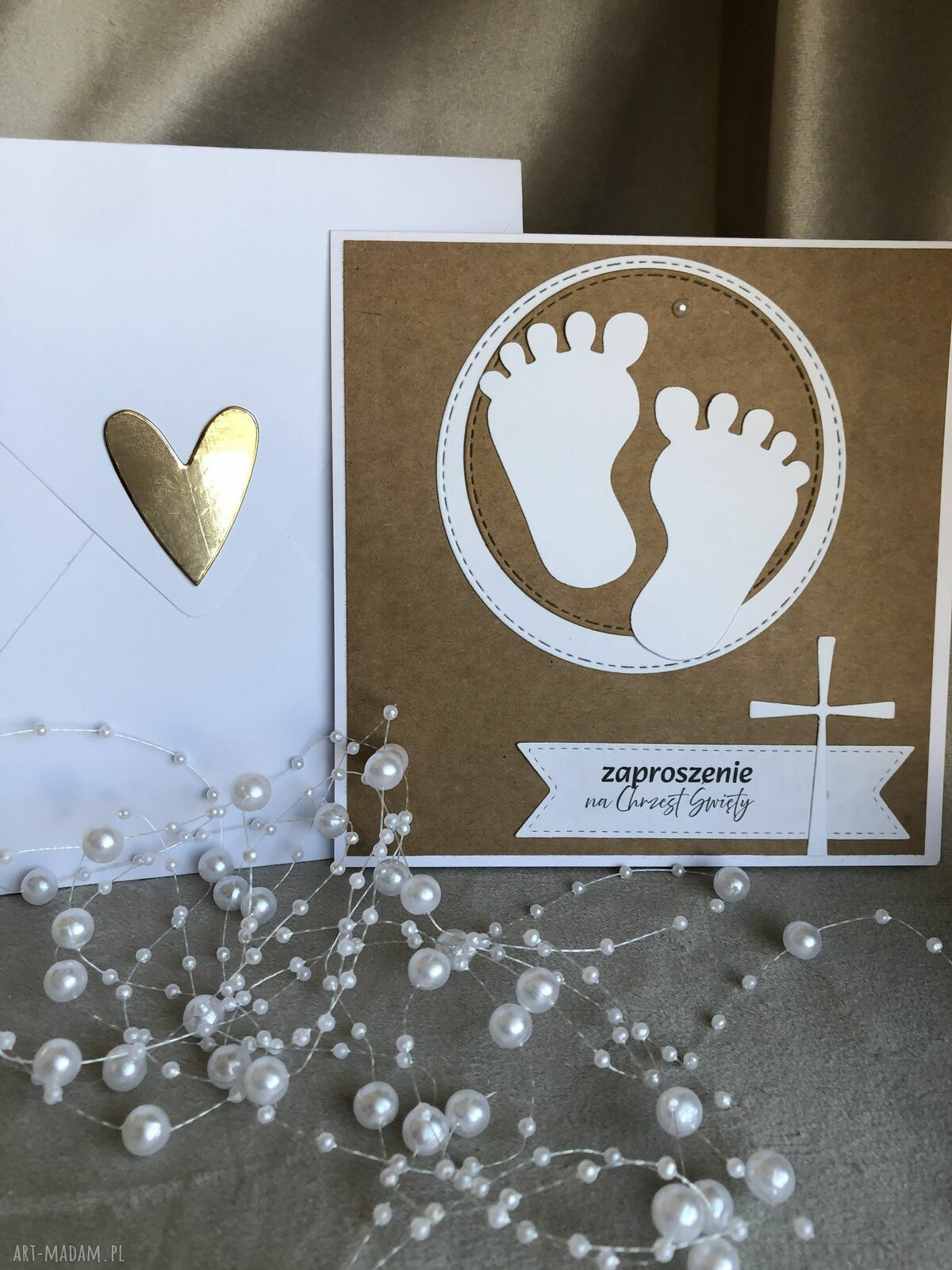 Zaproszenie na Chrzest Święty otwierane z kopertą - kraft i biel (personalizacja gratis)