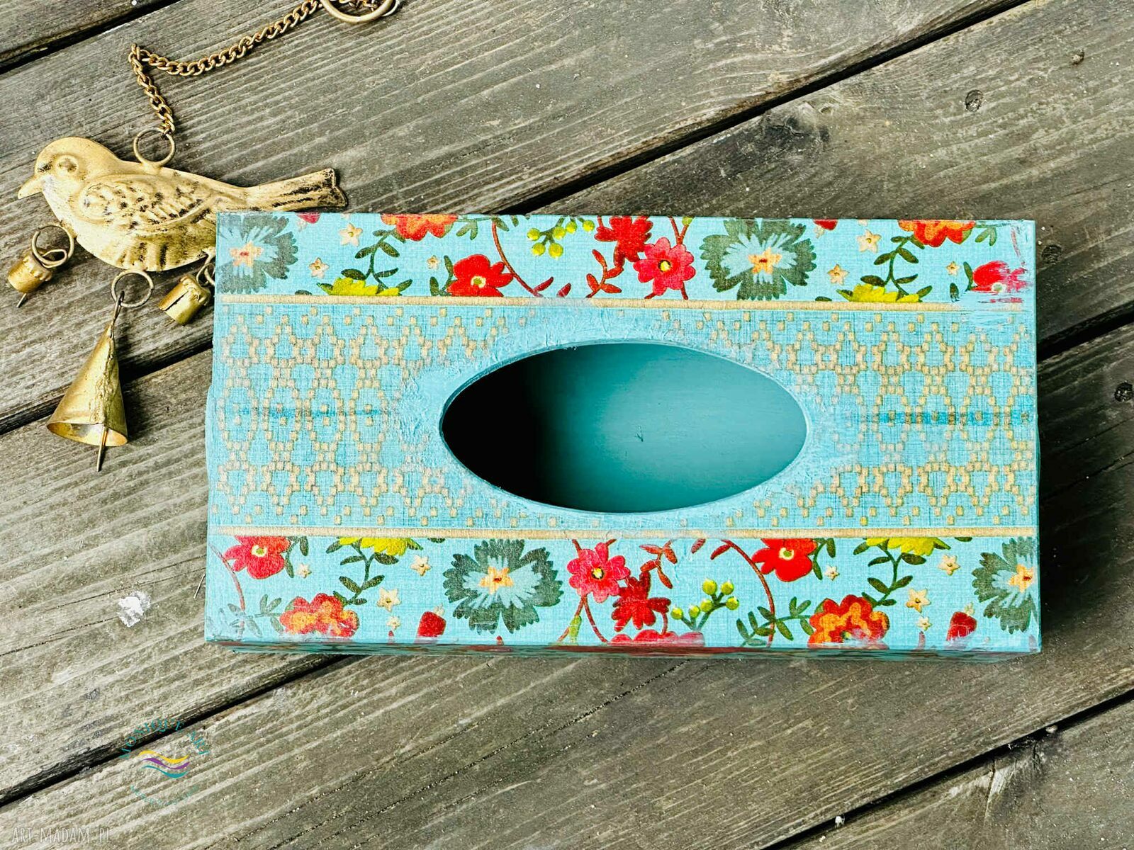 Pudełko na chusteczki w kolorach boho - drewniany organizer do domu