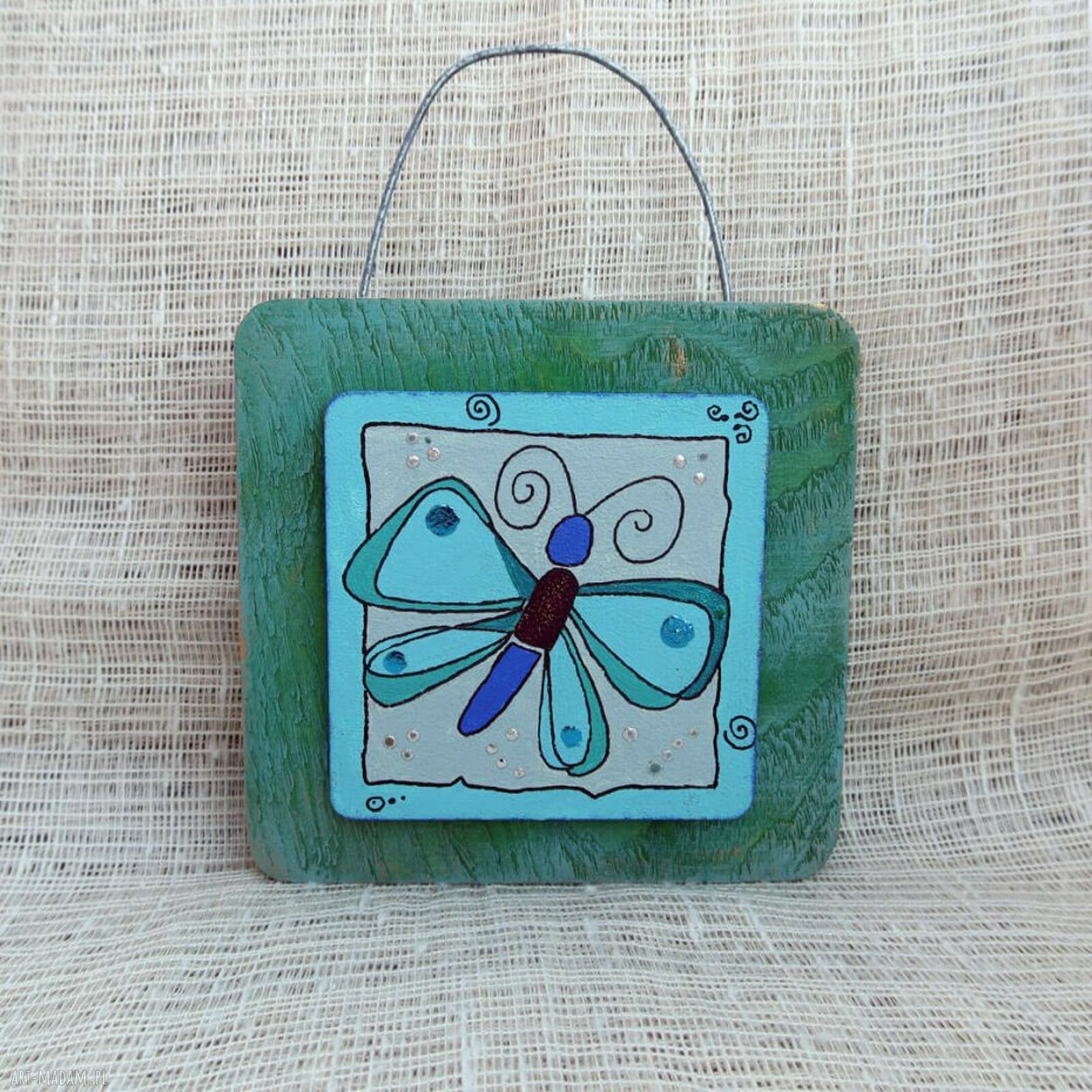 Obrazek na drewnie Blue Butterfly - ręcznie malowany motyl