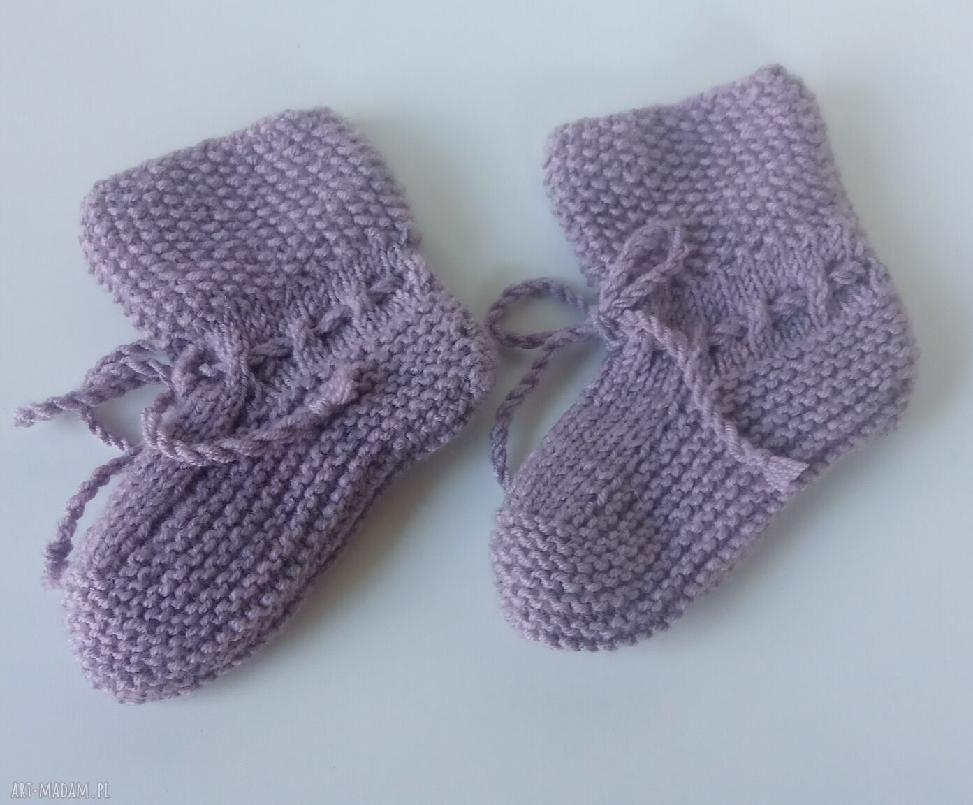 Buciki na drutach z merino baby - wrzosowe dla newborn