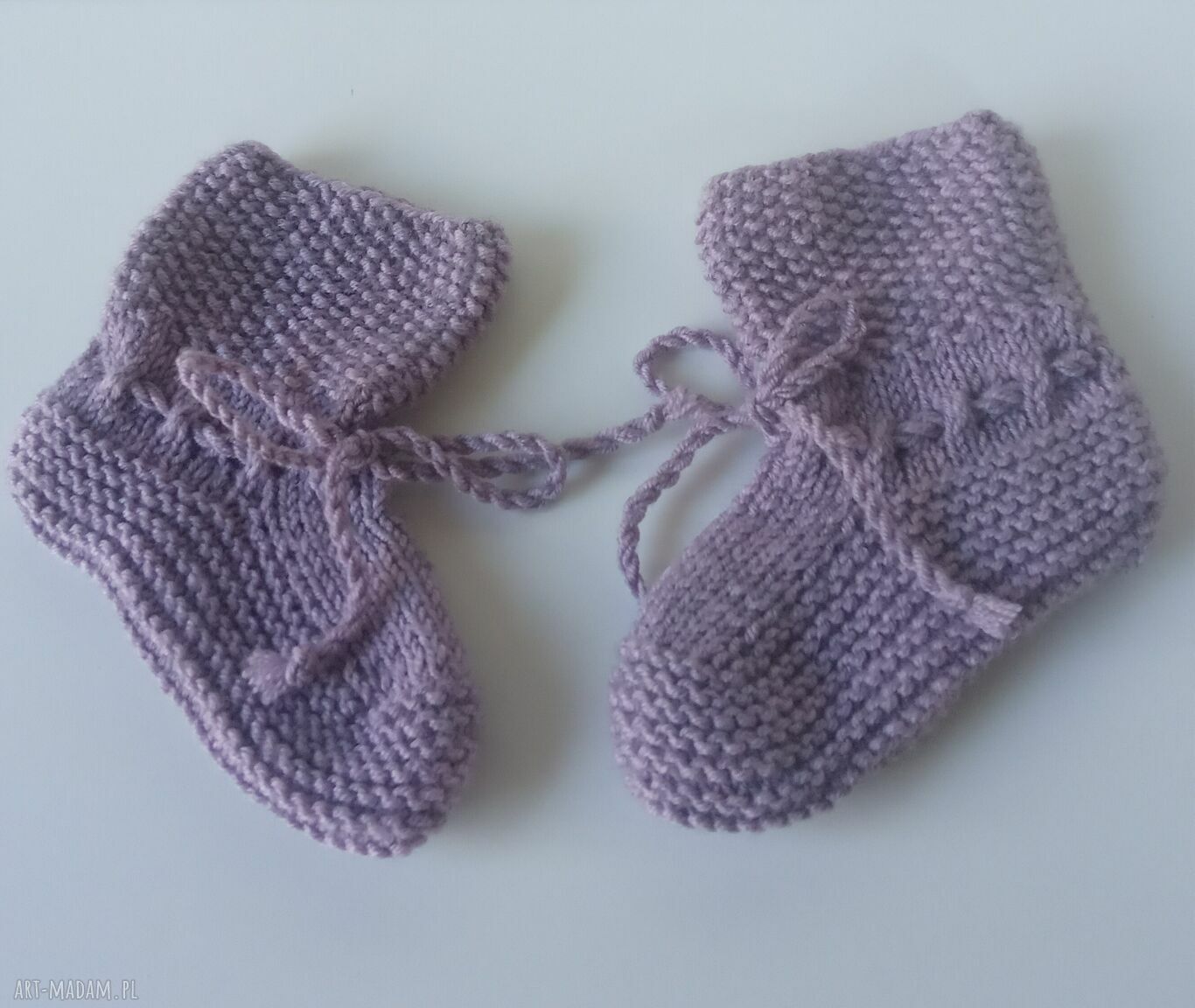 Buciki na drutach z merino baby - wrzosowe dla newborn