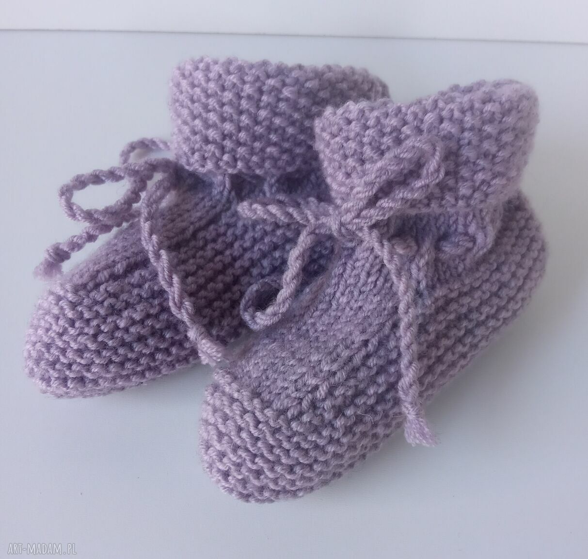 Buciki na drutach z merino baby - wrzosowe dla newborn