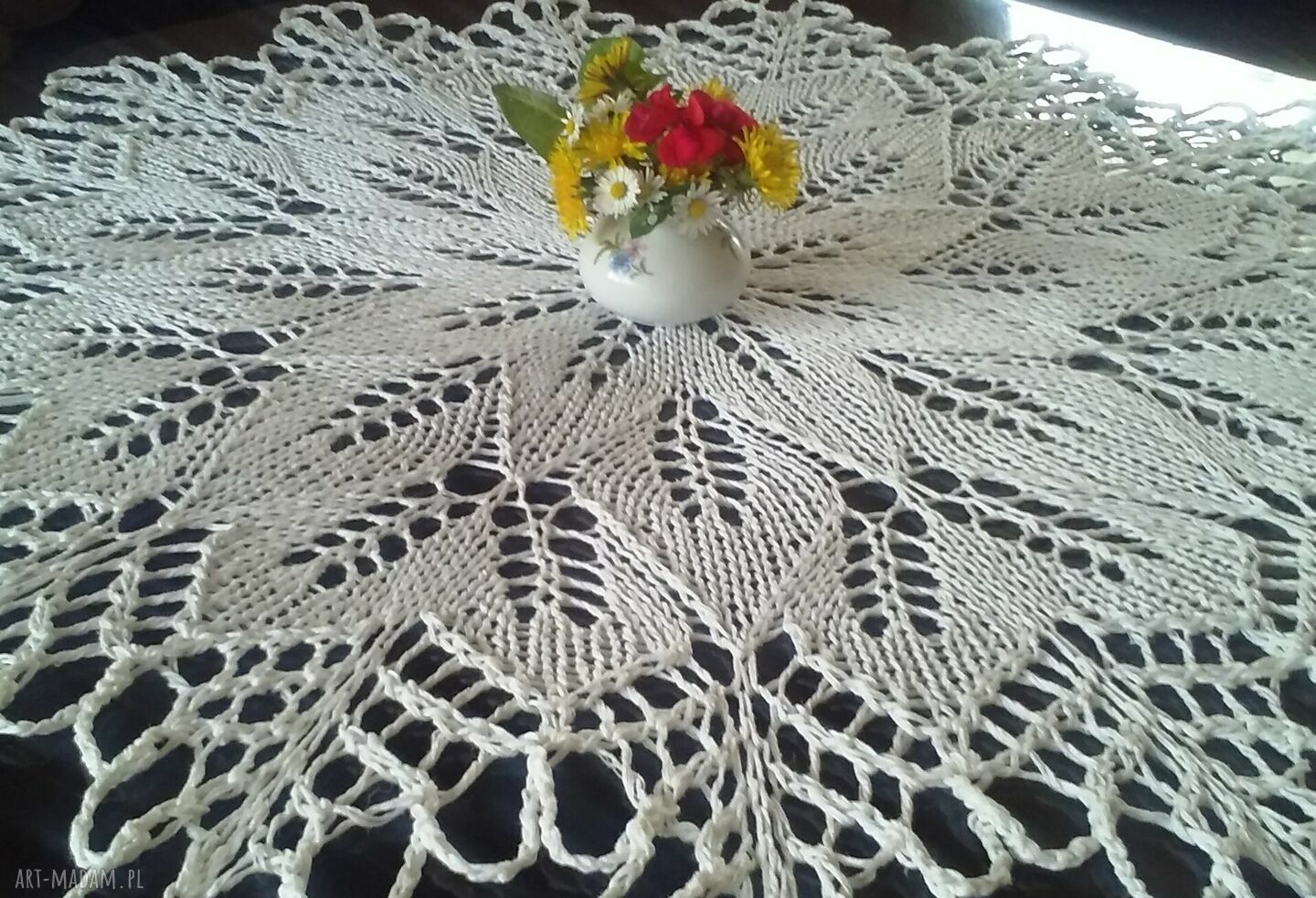 Obrus na drutach biały 85 cm - koronkowy okrągły (bawełna 100%)