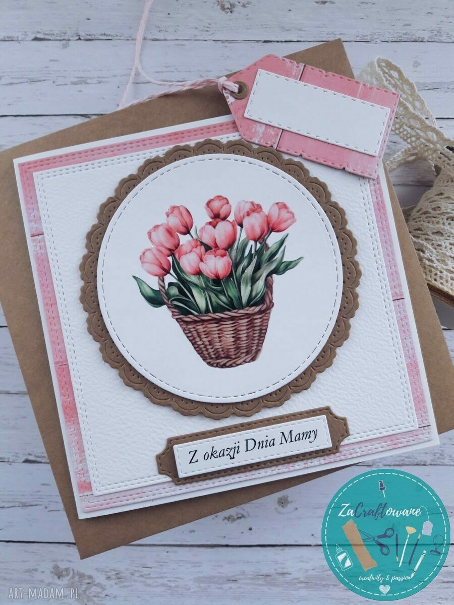 Kartka na Dzień Mamy (lub na inną okazję) z tulipanami w koszu - ręcznie robiona scrapbooking