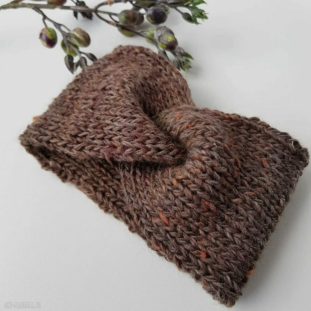 Opaska na głowę orzechowy brąz - szeroka wełniana turban handmade