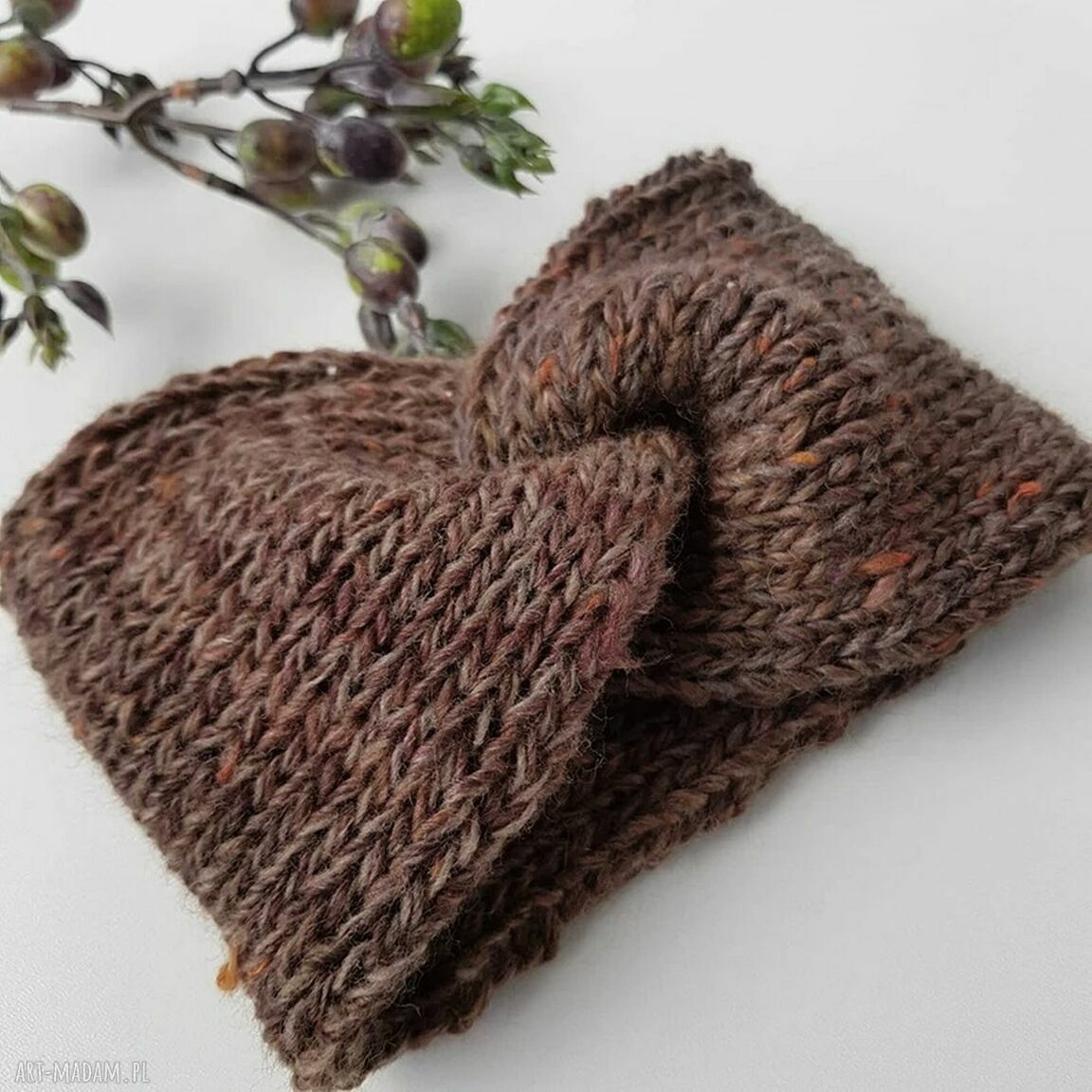 Opaska na głowę orzechowy brąz - szeroka wełniana turban handmade