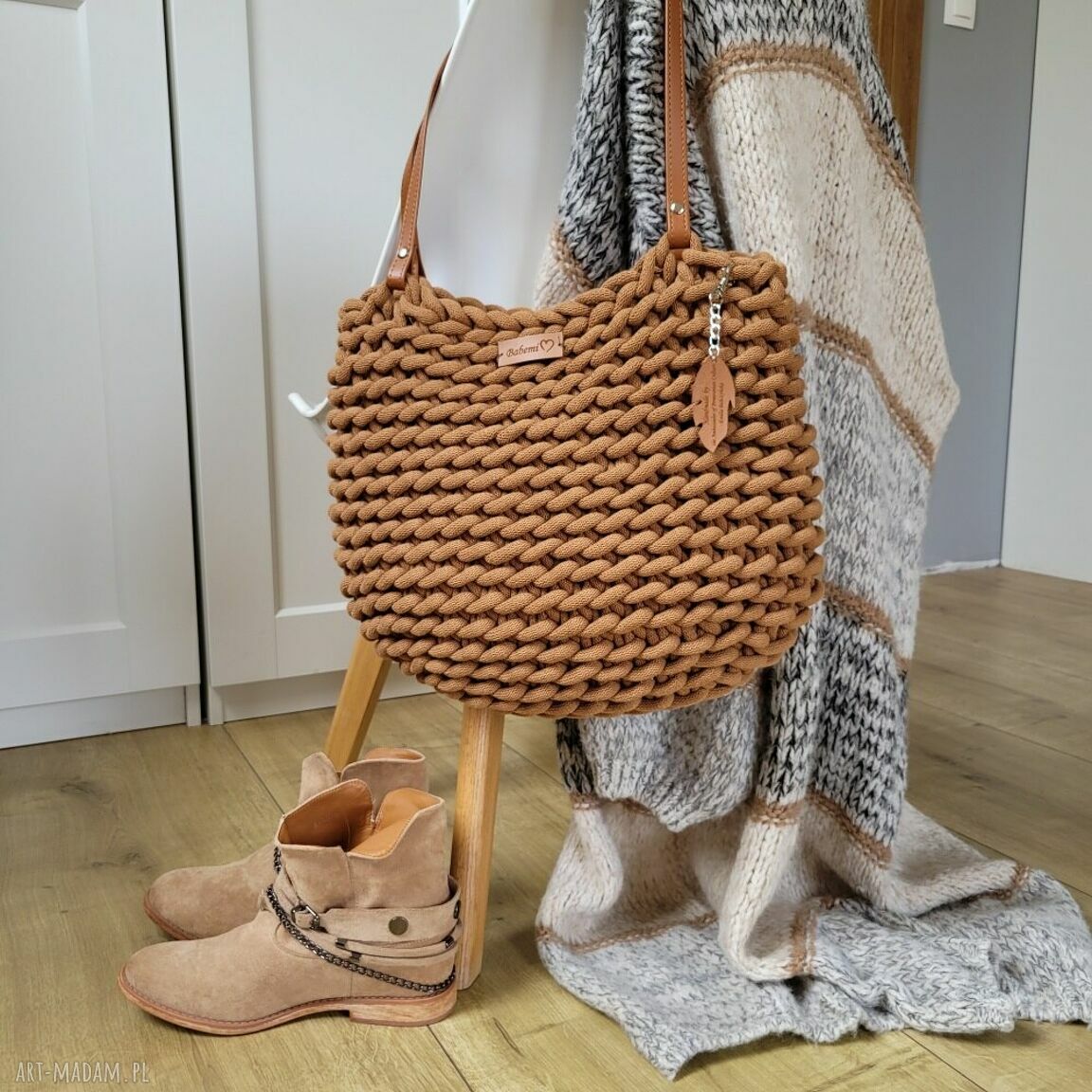 Duża torba na ramię Boho Wave bag - karmelowa z sznurka bawełnianego