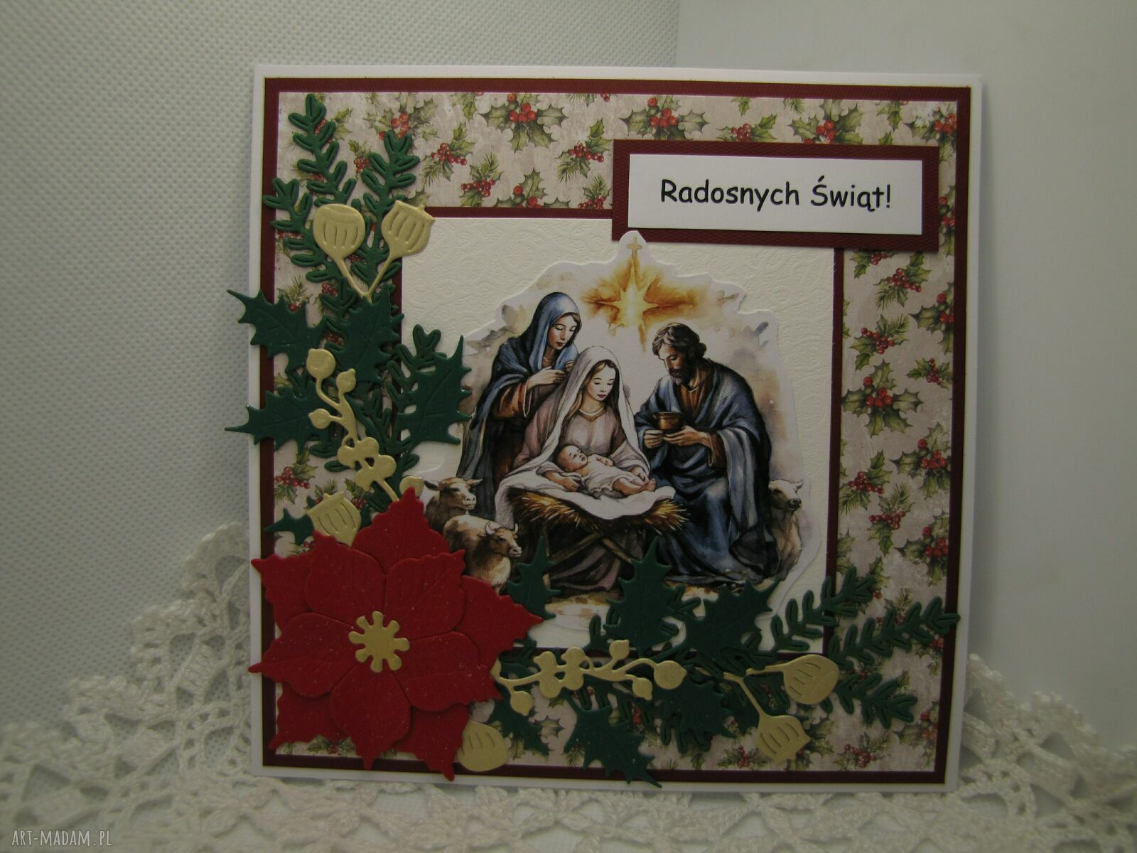 Ręcznie robiona kartka na Boże Narodzenie ze Świętą Rodziną