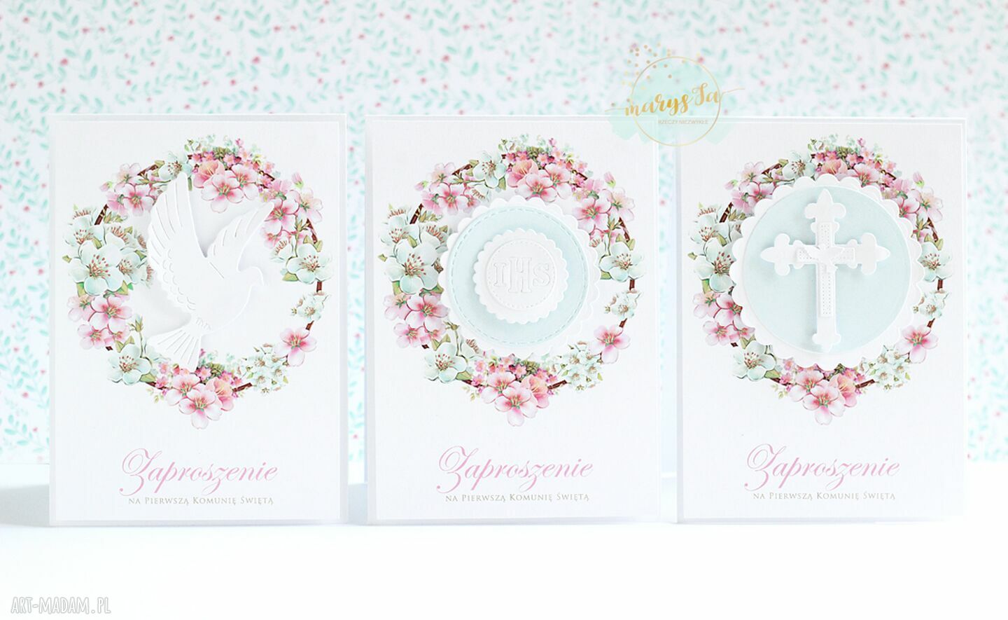 Zaproszenie komunijne z krzyżem 3D, personalizowane imionami gości - biała koperta