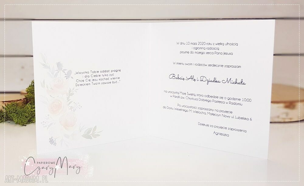 Zaproszenie na Komunię wzór 22 - delikatne, personalizowane handmade z białą kopertą