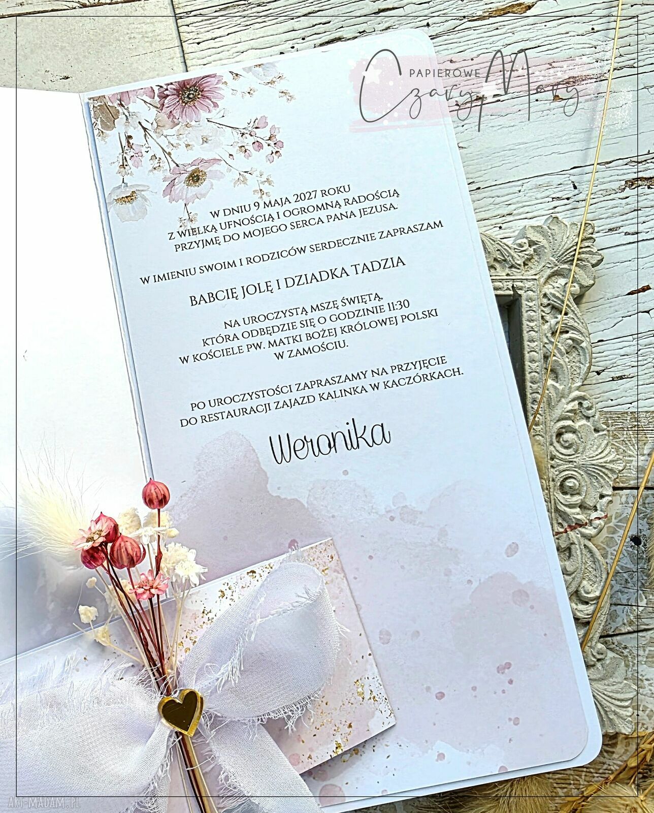 Eleganckie, personalizowane zaproszenie na Pierwszą Komunię Świętą