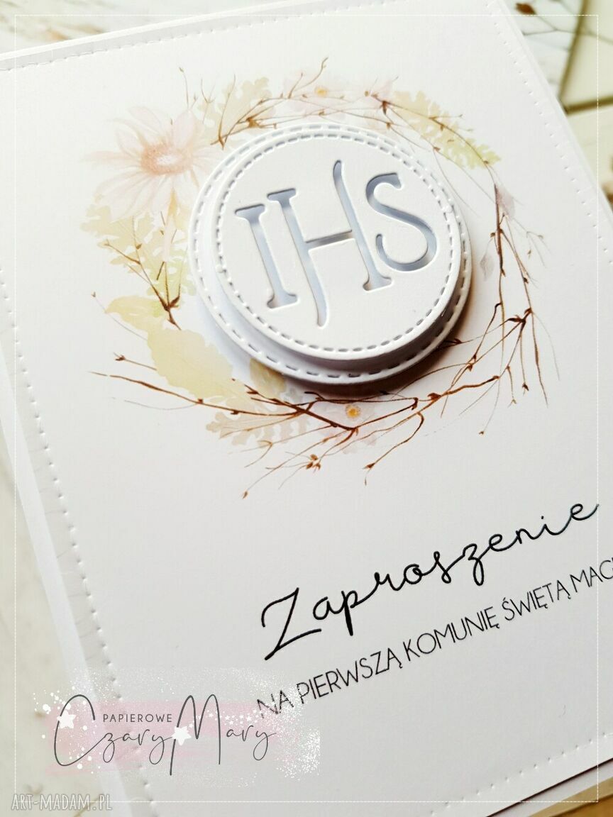 Zaproszenie na Pierwszą Komunię Wzór 31 - personalizowane, białe i różowe z hostią