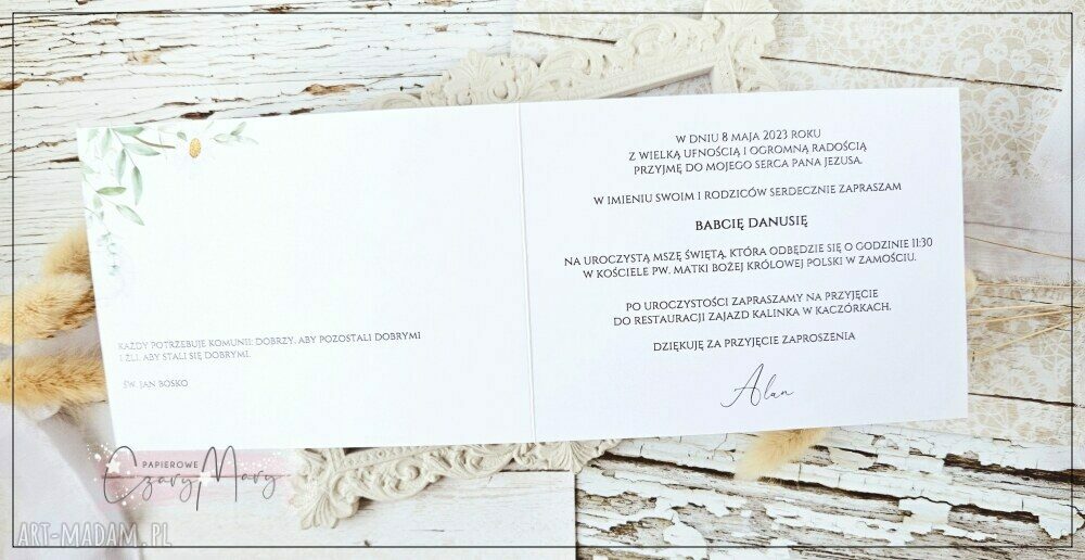 Zaproszenie na Komunię wzór 90 ze złotem - handmade, personalizowane z kopertą