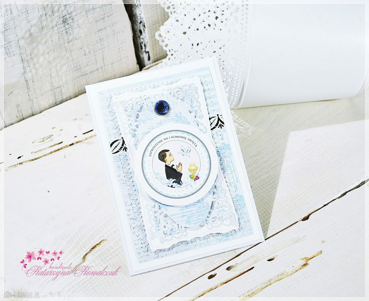Zaproszenie na Pierwszą Komunię Świętą - handmade scrapbook 10 x 15 cm