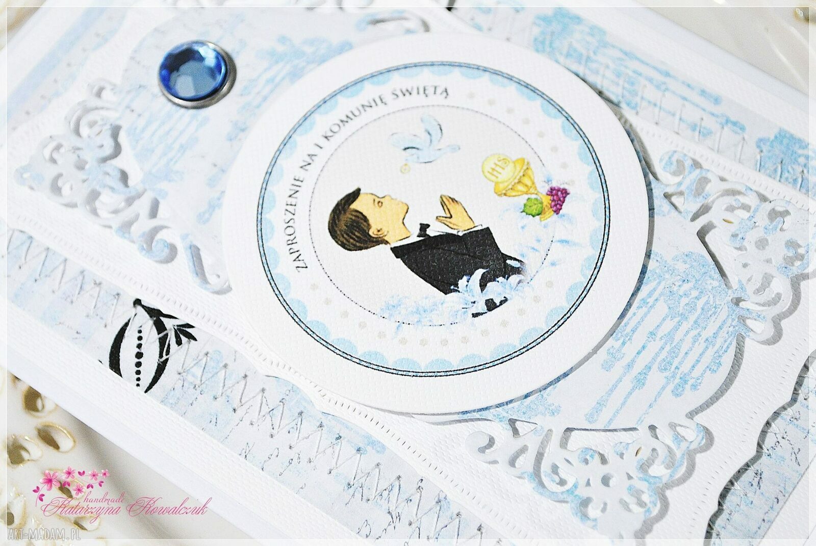 Zaproszenie na Pierwszą Komunię Świętą - handmade scrapbook 10 x 15 cm