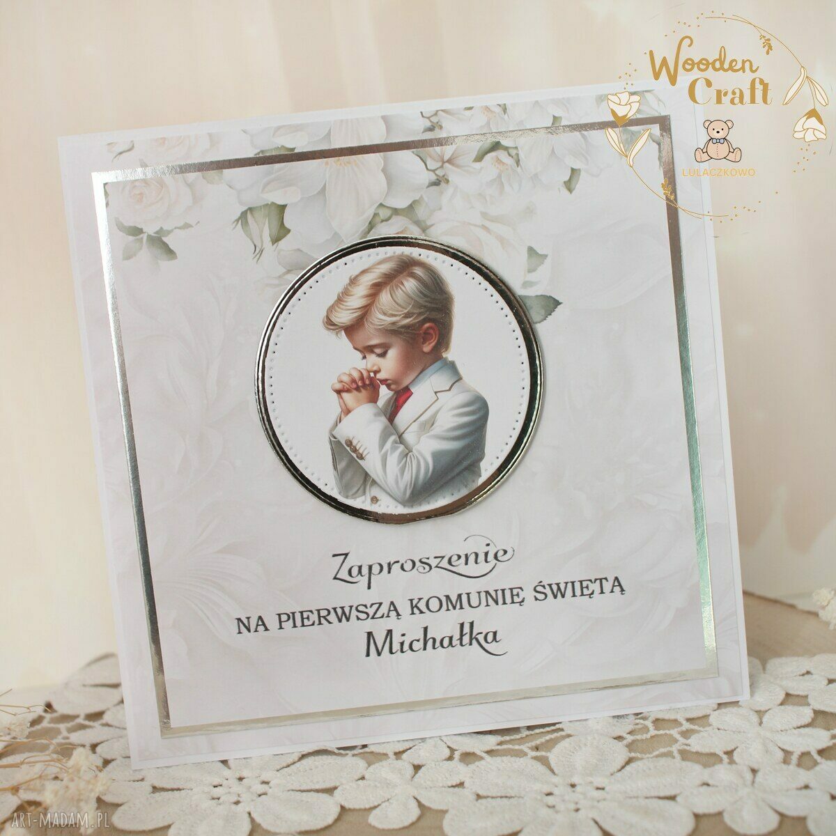 Zaproszenia na Pierwszą Komunię Świętą 16 szt. „White Roses Boy”