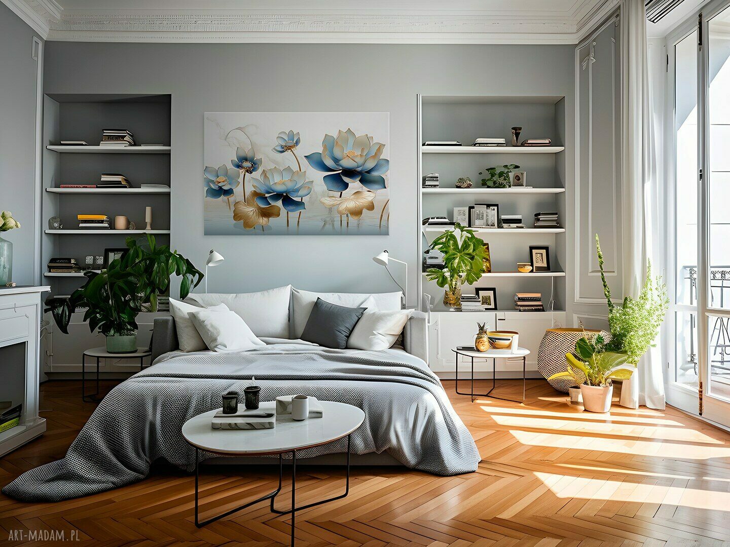Kwiaty Indygo i Złoto - nowoczesny obraz glamour art deco 120x80 cm