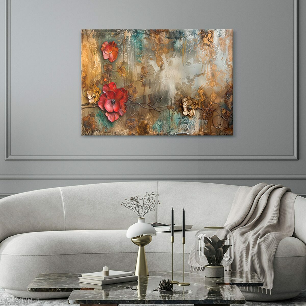 Kwiaty shabby chic na płótnie 100x70 cm - gotowy do zawieszenia