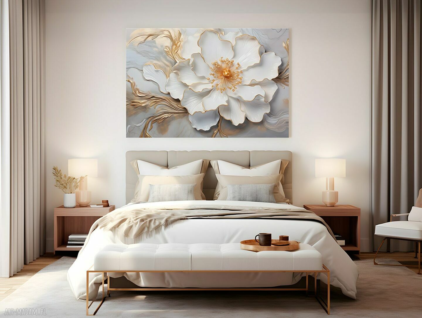 Kwiat Glamour Biały Złoty - obraz na płótnie 120x80 cm