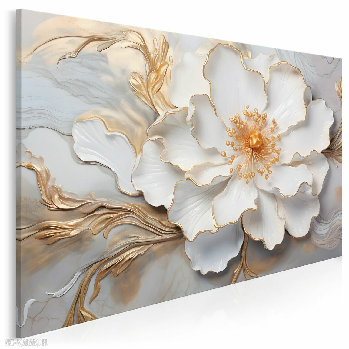 Kwiat Glamour Biały Złoty - obraz na płótnie 120x80 cm