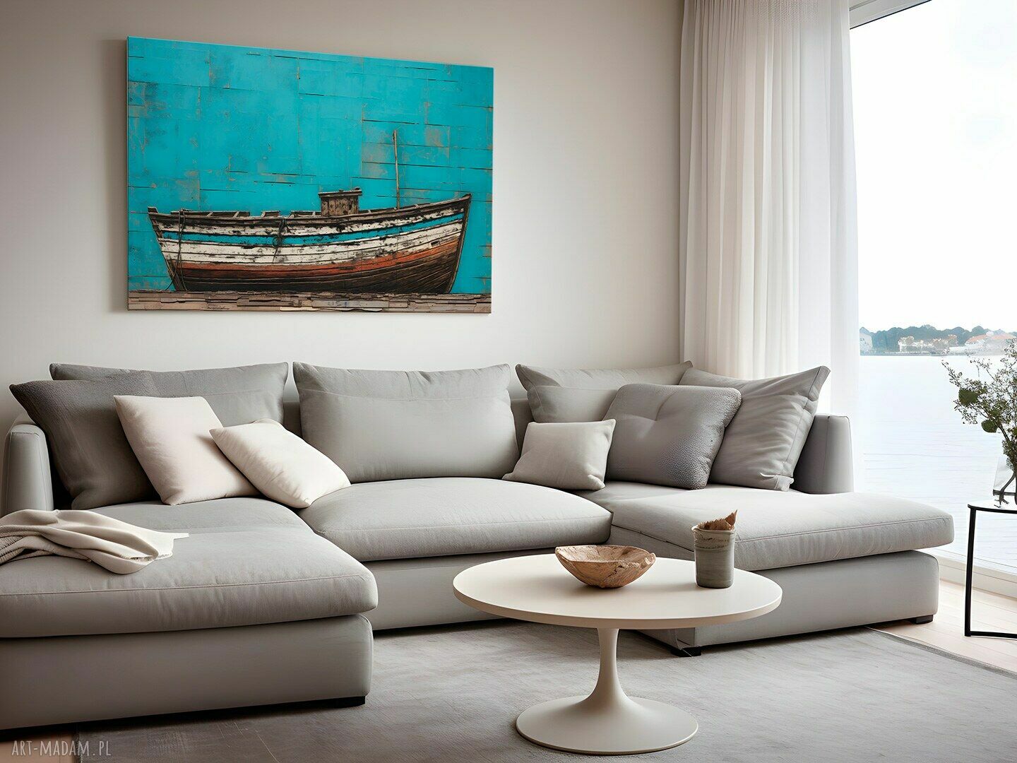 Marynistyczny obraz na płótnie - statek i łódź 120x80 cm (Vaku dsgn)