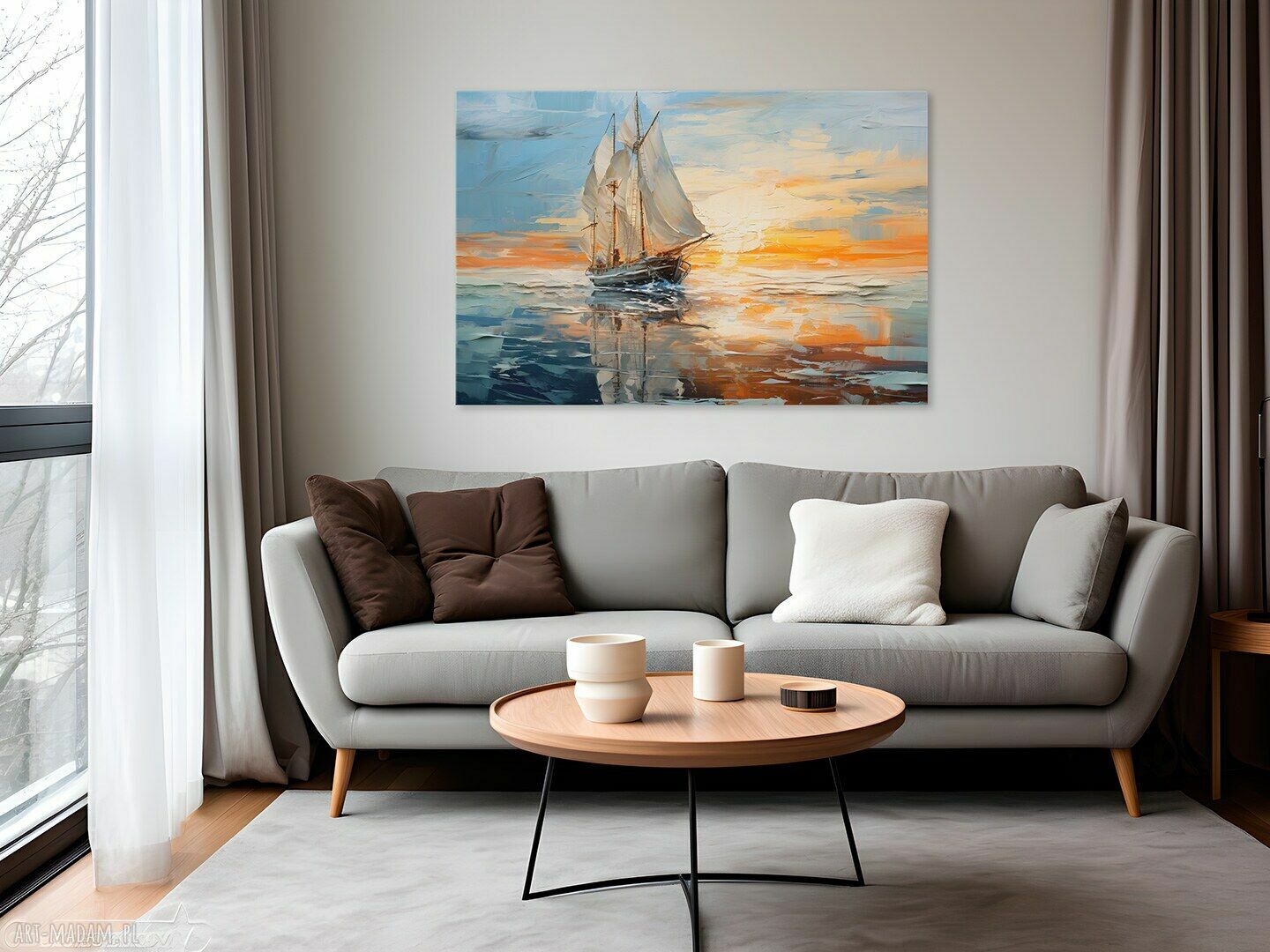 Obraz na płótnie - Statek, Morze i marynistyczny zachód słońca 120x80 cm