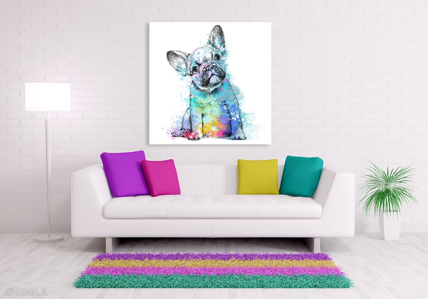 Obraz na płótnie z buldożkiem francuskim w kolorowe plamy 50x50 cm