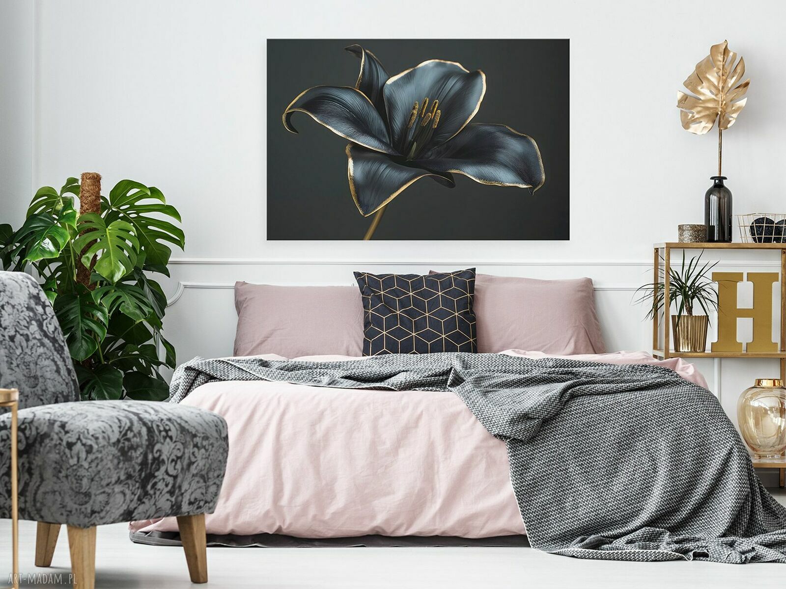 Obraz na płótnie Kwiat Glamour Czarny i Złoty 120x80 cm