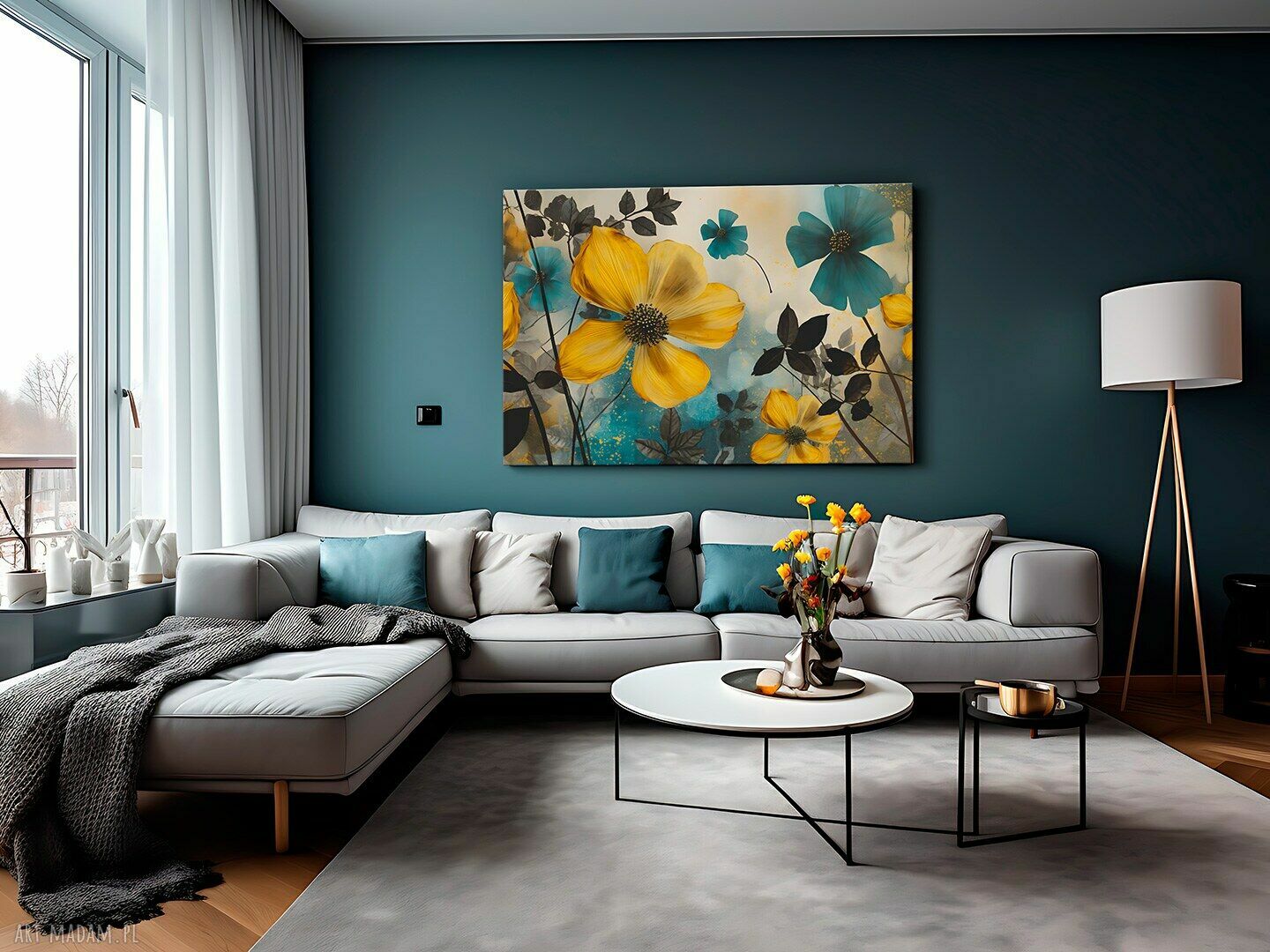 Obraz na płótnie z nagietkami w turkusie 120x80 cm