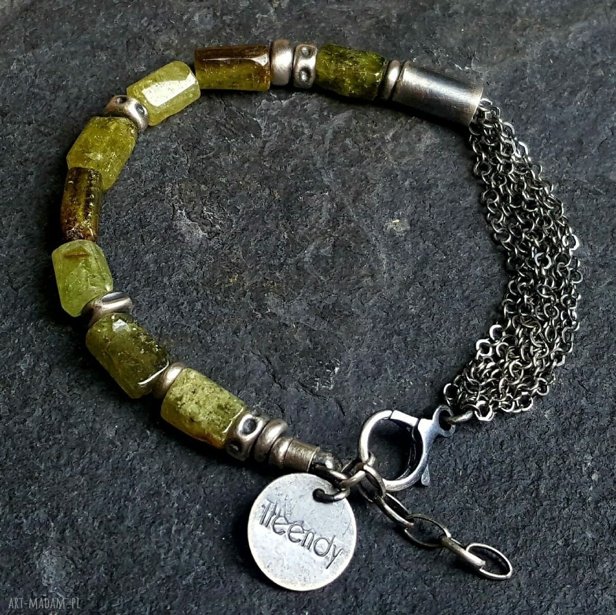 Bransoletka srebrna z zielonym granatem grossular Handmade