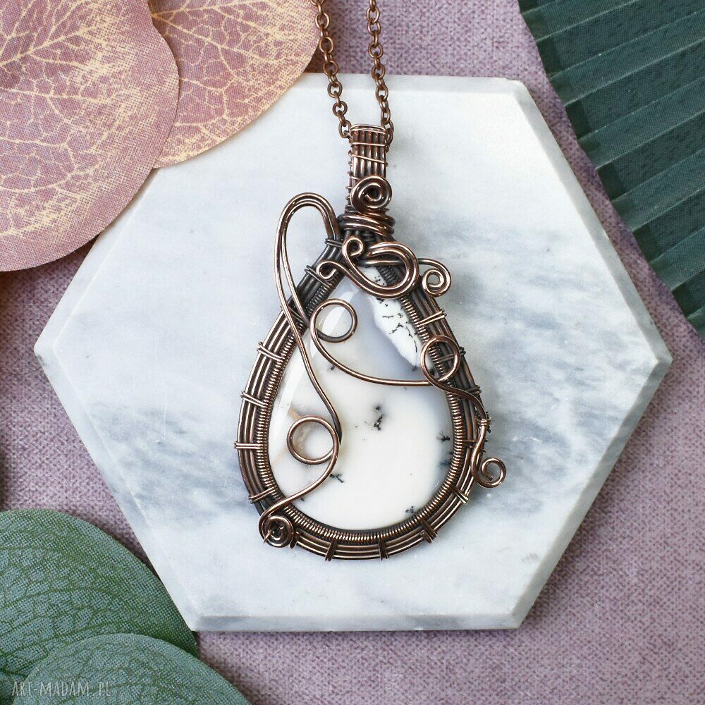 Miedziany wisiorek wire wrapping z opalem dendrytowym #450 - art-Madam.pl