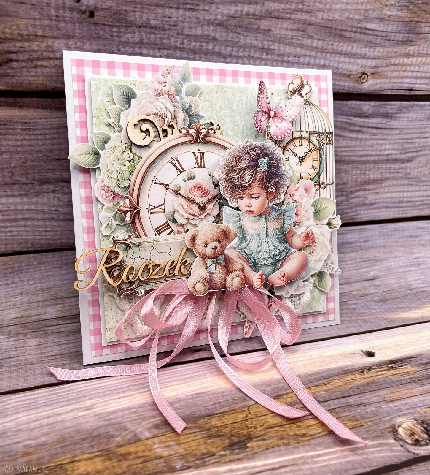 Kartka na roczek „Ja i mój mały świat” - shabby chic z koronką i wstążką