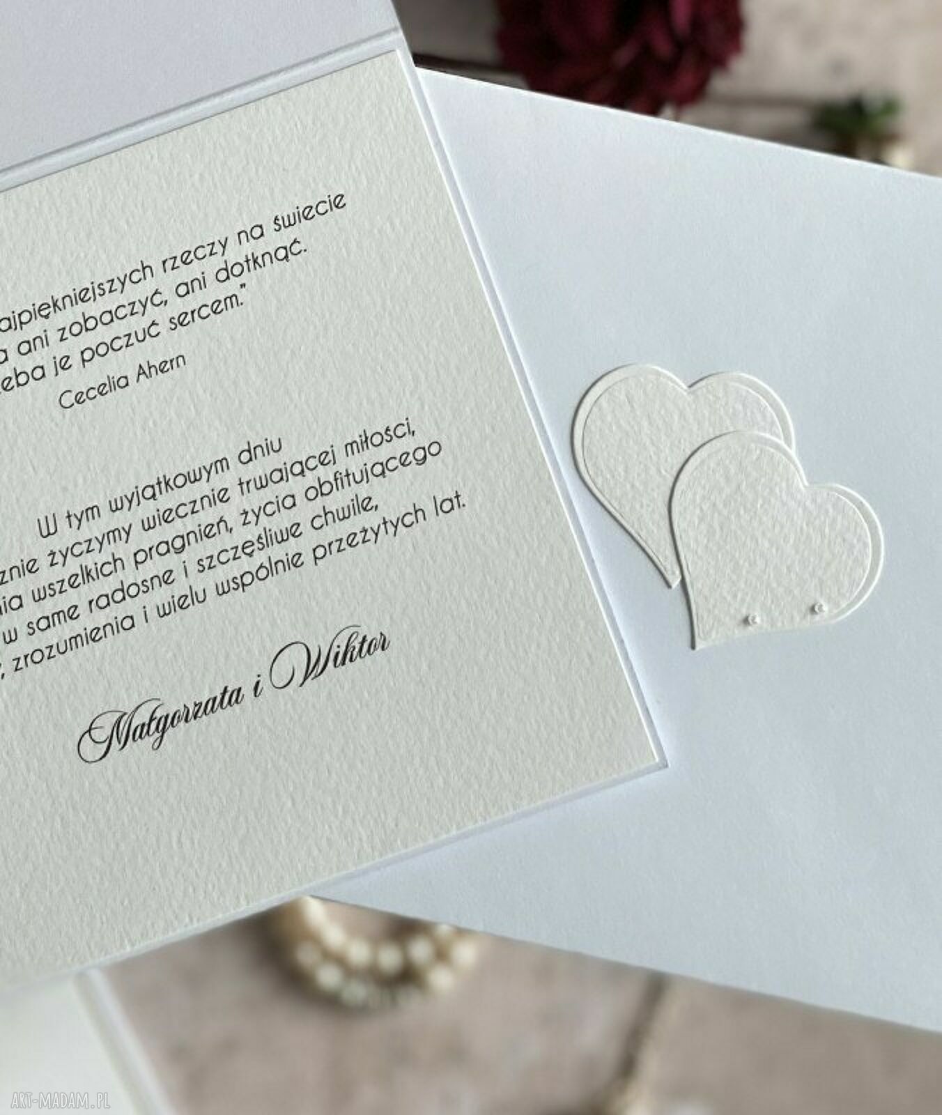Kartka na ślub z ozdobną kopertą, W 65a - personalizowana, biel i matowe złoto