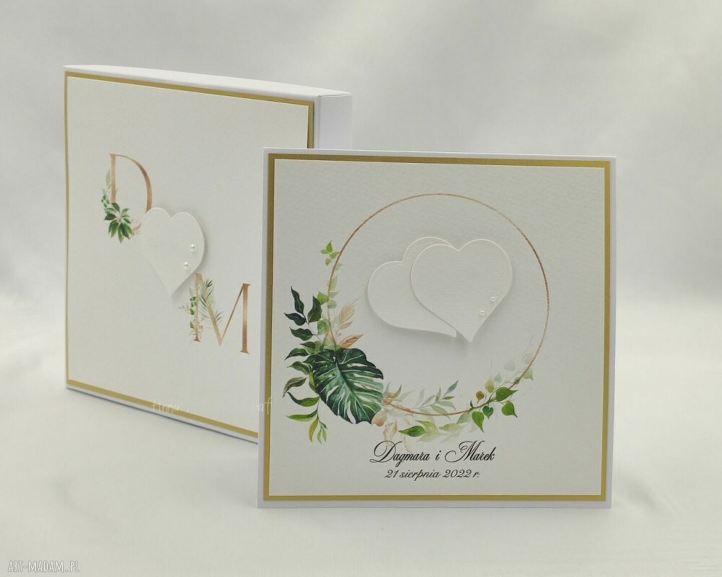 Kartka na ślub w pudełku z inicjałami młodej pary (14x14 cm) - elegancka