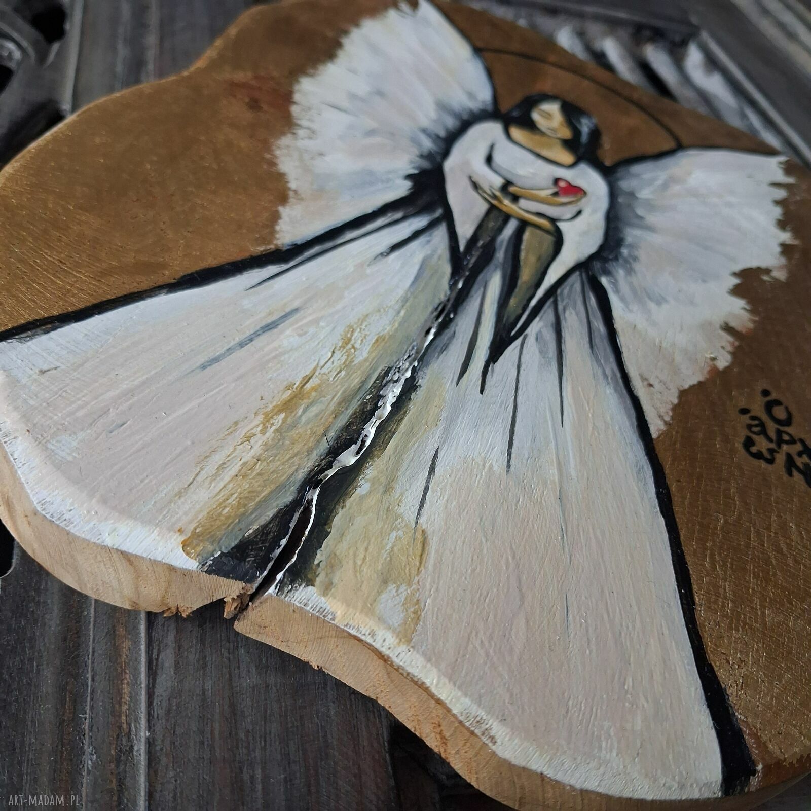 Anioł na teakowej desce 23 x 18 cm (ikona malowana i złocona)
