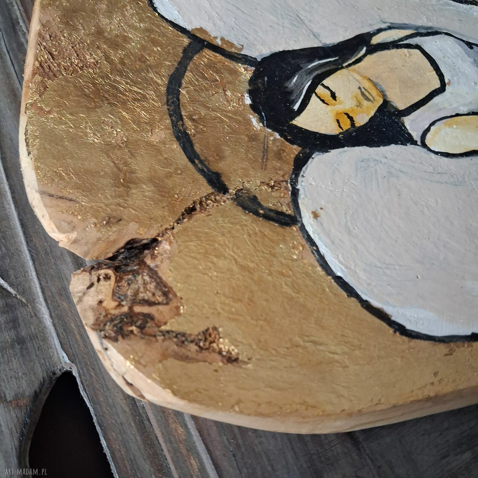 Ręcznie malowana ikona Anioła na teakowej desce 25x18 cm - złocona i gotowa na prezent