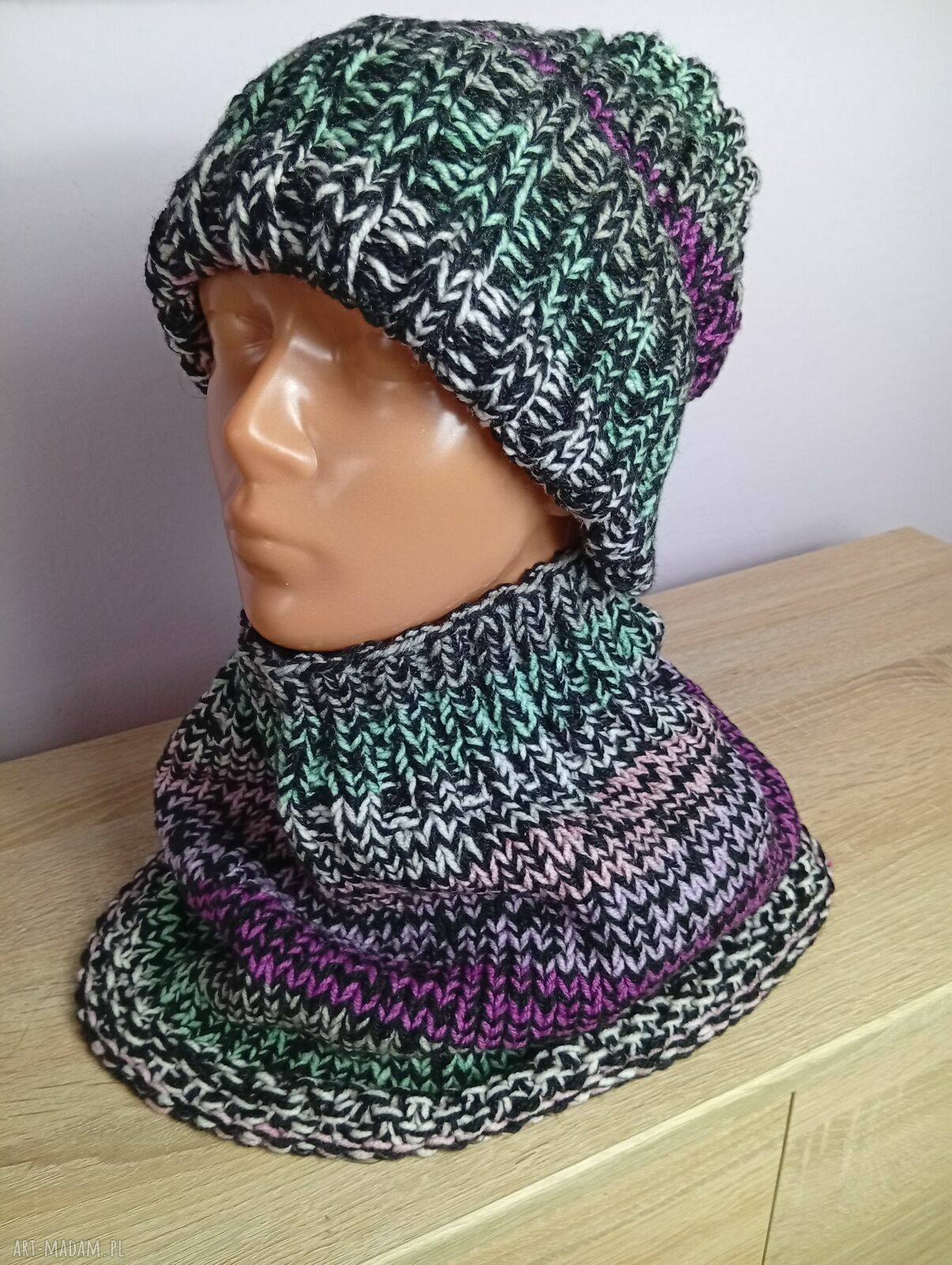Czapka i komin multikolor - zimowy komplet handmade dla niej