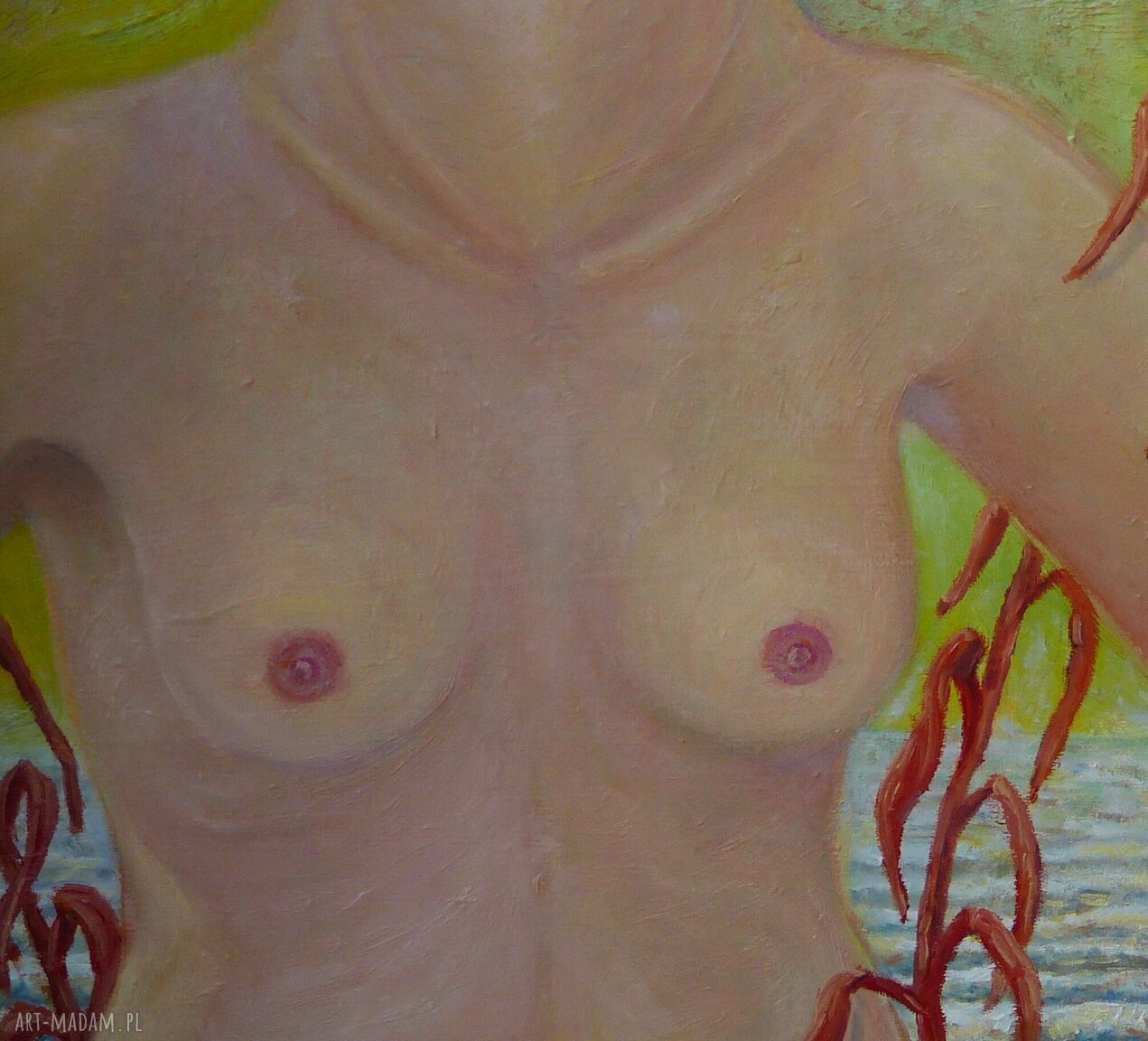 Akt „Nad wodą” - niebieski pejzaż morski, obraz olejny na płótnie 55x40 cm