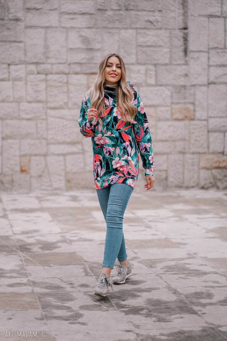 bluzy: damska bluza tunika z dużym kapturem, akwarelowy print, kwiaty i liście